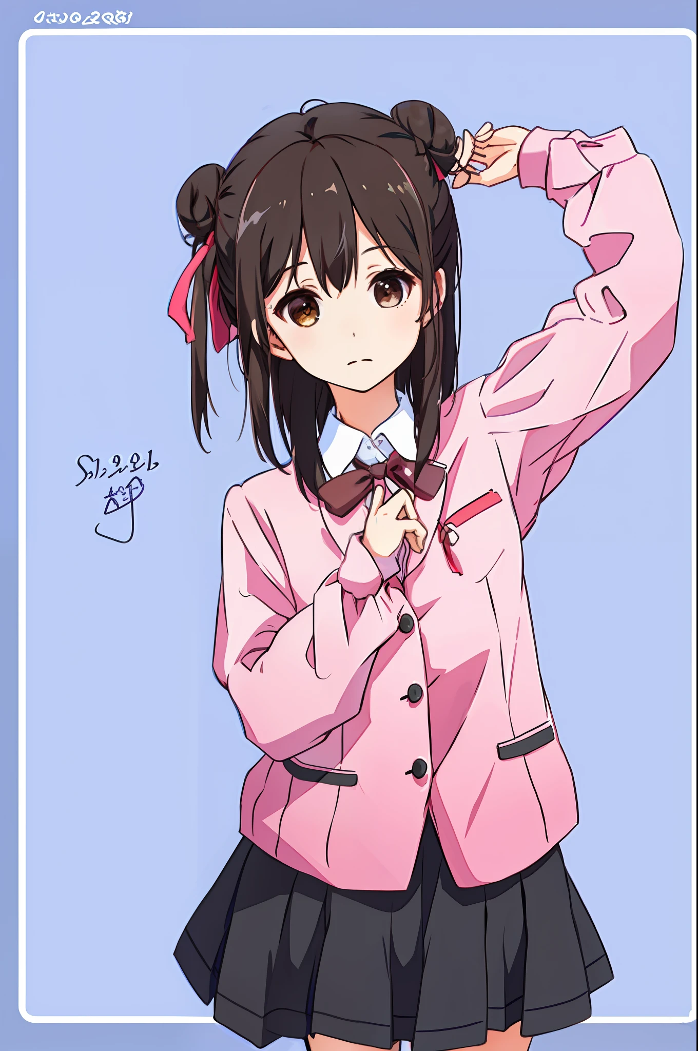 masterpiece, 1girl,solo,best quality, nii_manabu,school uniform, [brown hair],black skirt,bun hairstyle,upper body, hair ribbon,