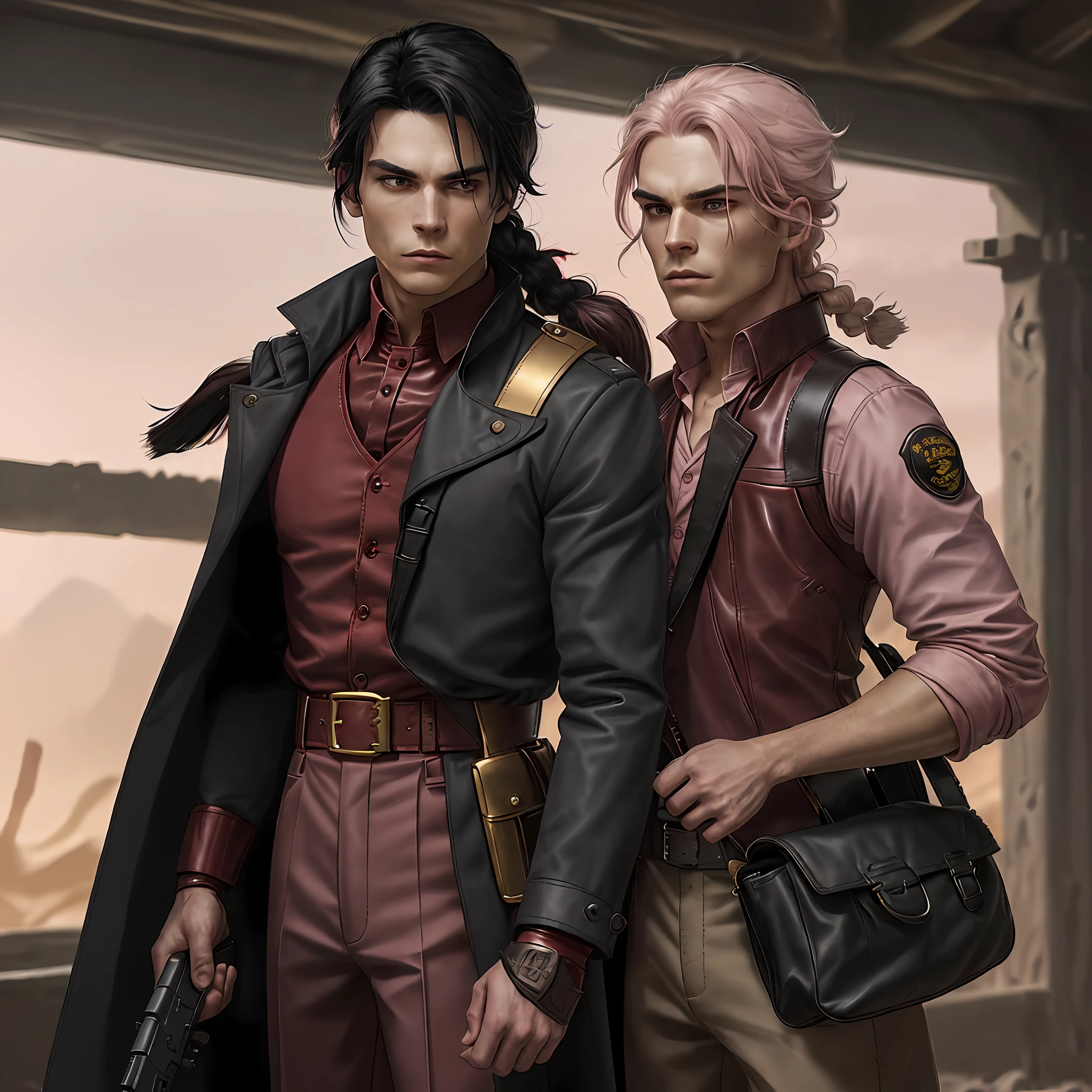 1man, (((solo))), (25 years old ash black hair halfway down the back with a (single) braid at the front and a (single) white streak in the fringe, serious face, eyes with bright red energy , pale skin: 1.15), (wearing an overcoat (red leather red, with military shoulder pads, gold cufflinks), a waistcoat (leather brown with flower details), a shirt (light pink), trousers (black baggy, inside the boots), Dr Martens boots (black)), wielding a Winchester carbine in (one) hand, athletic body, energy (red) involving the character, sunny sky, ash desert, gray light, empty scenery.