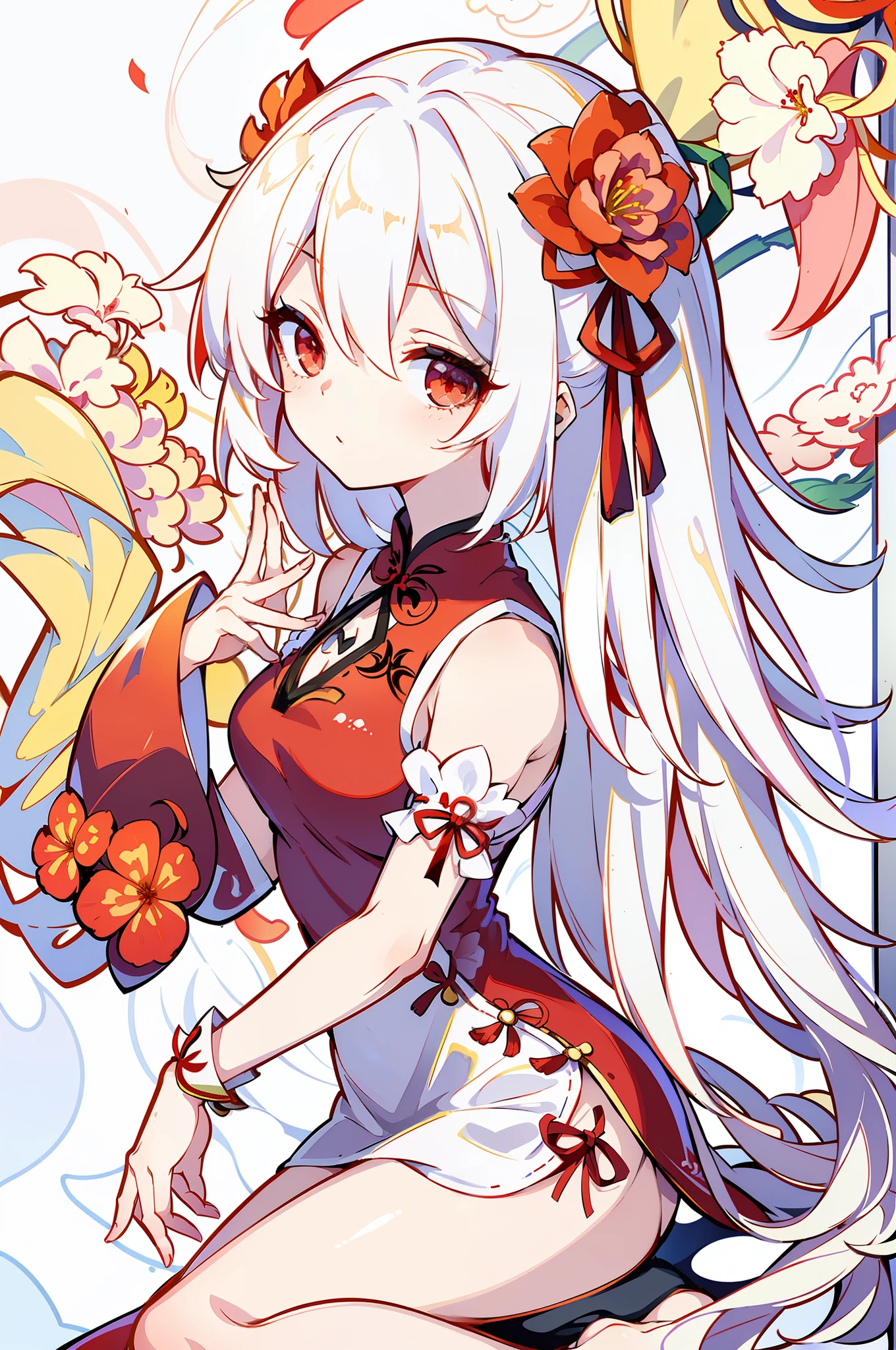 (Masterpiece), the best quality, ultra-detailed, extremely delicate and beautiful, floating, high resolution,

[(Elegant cheongsam dress, 1 girl, white hair, (red eyes: 1.2), dynamic pose, white and red flowers, clouds, watercolors, beautiful and vivid depictions): 1.0]