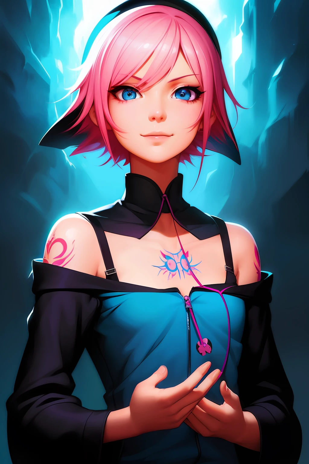 a detailed portrait of a beautiful pink haired (anime) girl, short hair, close up, wearing a blue beanie, wearing a blue jacket, black shirt collar, blue eyes, smirk smile, seductive gaze, ( neck tatoos:1.1), masterpiece, high quality, art by artgerm, sakimichan, Taejune Kim, pixiv, krenz cushart, ilya kuvshinov, Goro Fujita, Cyril Rolando, (black background), saturated colors, (sharp edges) (masterpiece, top quality, best quality)