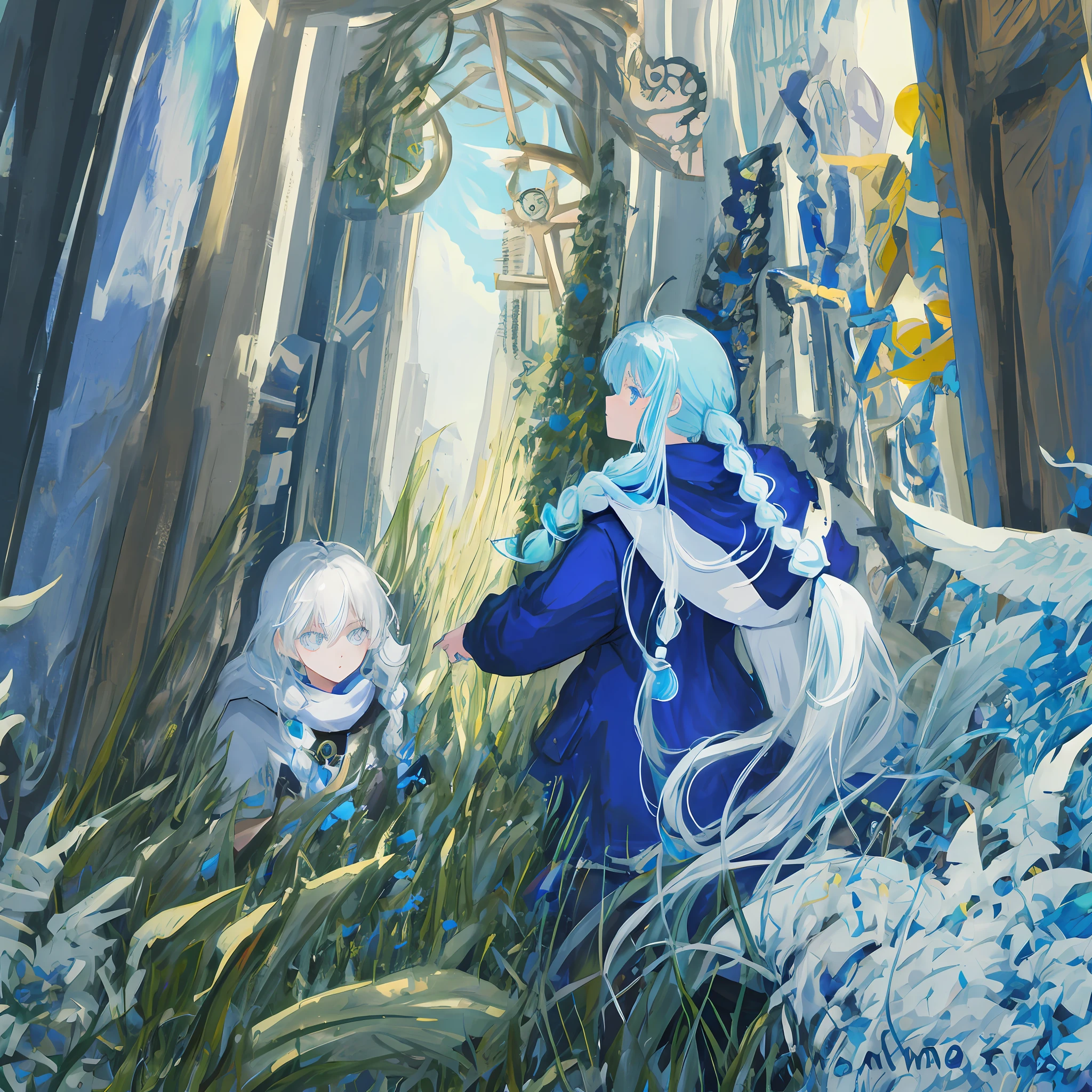 art style by Atsushi Ohkubo, African , girl, long white cornrows hairstyle, graveyard scenery, surrounded by blue spirit orbs