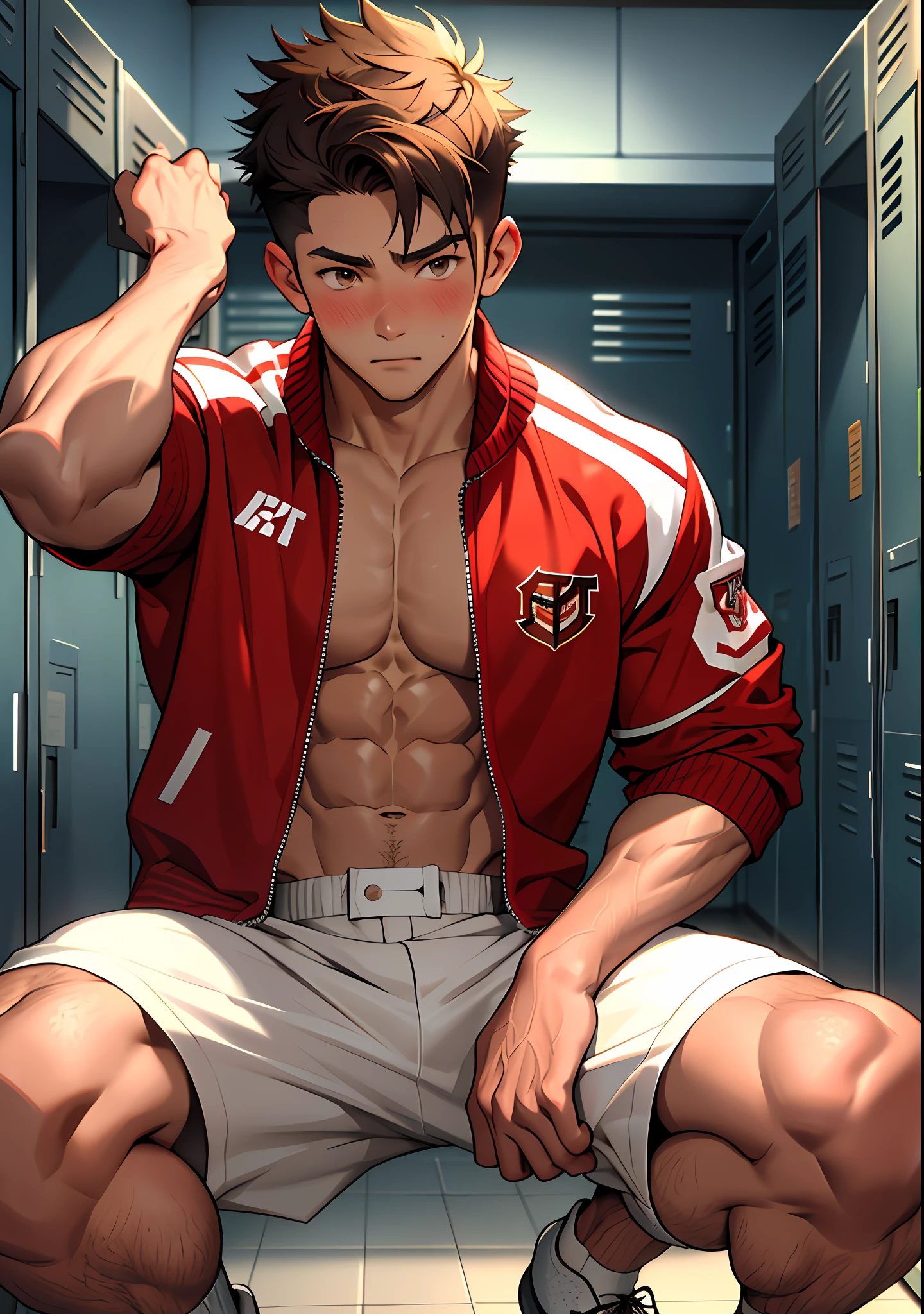 (masterpiece, best quality ), 1man, muscular, short hair, brown eyes, intricate, (locker room) , full body, white baseball uniform, open red jacket, vivid colors,(depth of field:1.2),(abs),blush, looking at viewer, on floor, spread legs,