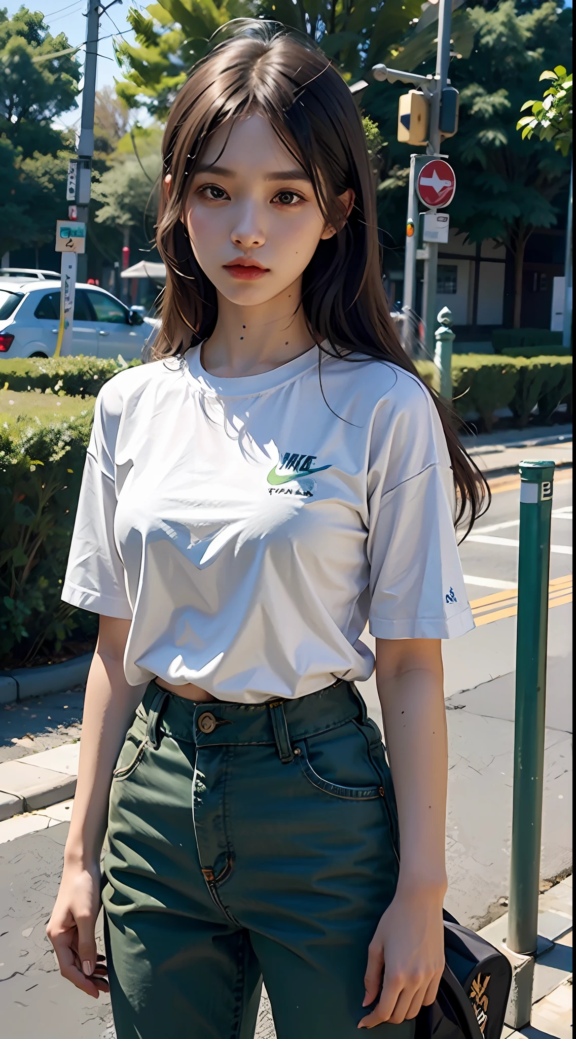 1girl, she wearing white shirt and green pants, casual clothes, wearing green nike shoes, 22 years old, scary face, adult face, 4k style, realistic, crowded, green long hair
