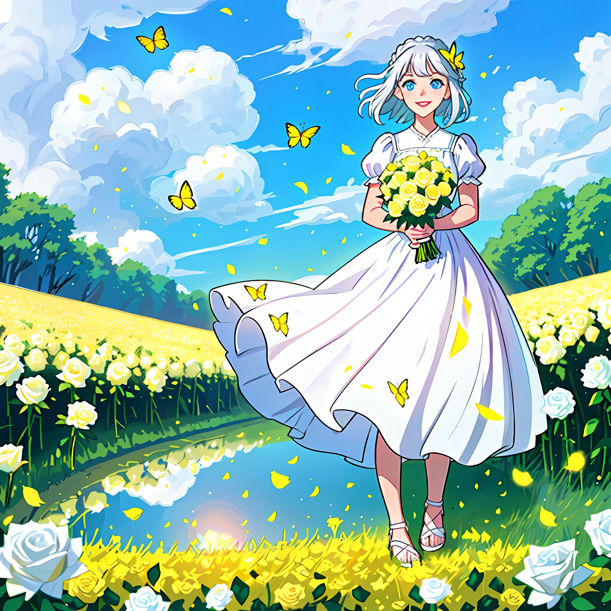 Silver-haired girl with sun reflections, bright blue eyes, radiant smile, pink lips, surrounded by a field of yellow and white roses, bright sky, lights, good quality, dressed in a romantic white dress, holding a bouquet of yellow roses, butterflies with white brilliance, green grass, sandals, clouds,