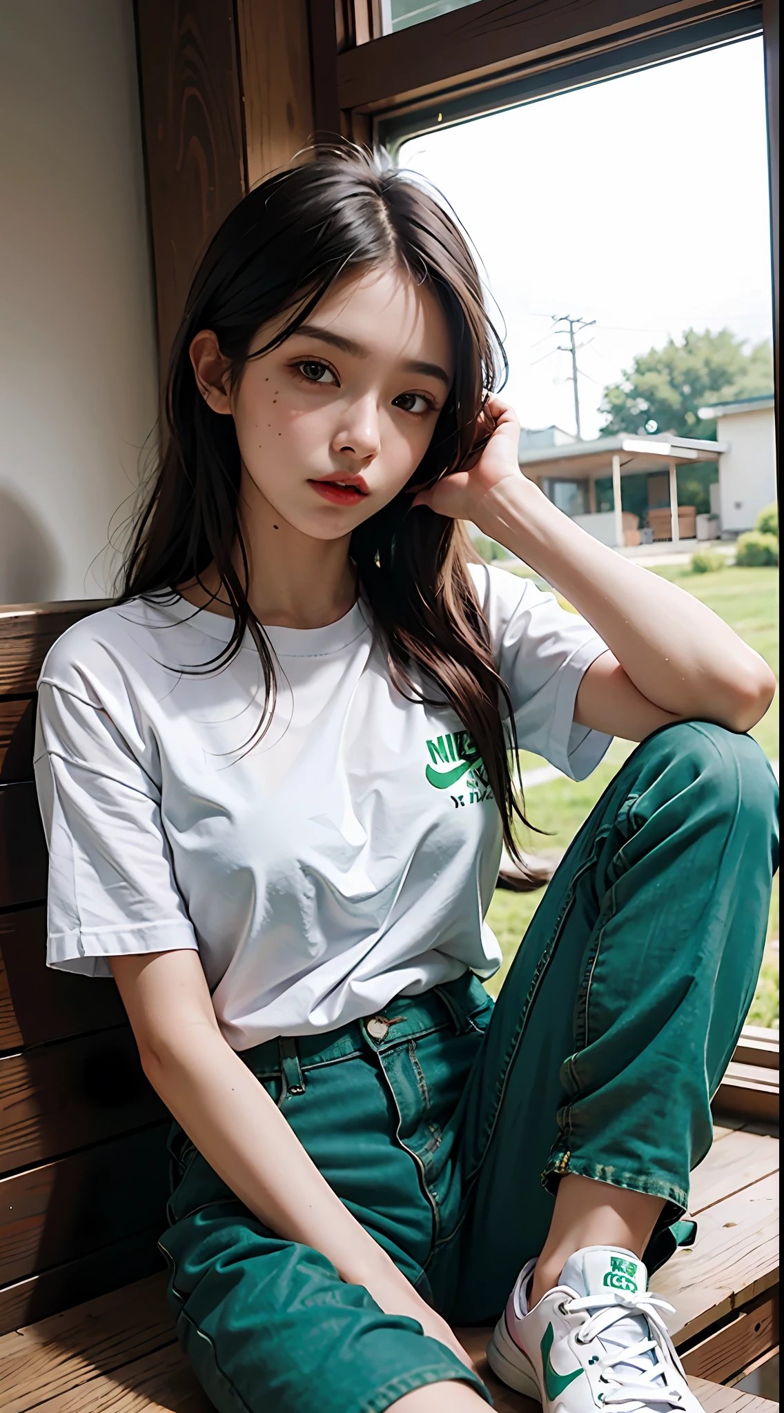 1girl, she wearing white shirt and green pants, casual clothes, wearing green nike shoes, 22 years old, scary face, adult face, 4k style, realistic, crowded, green long hair