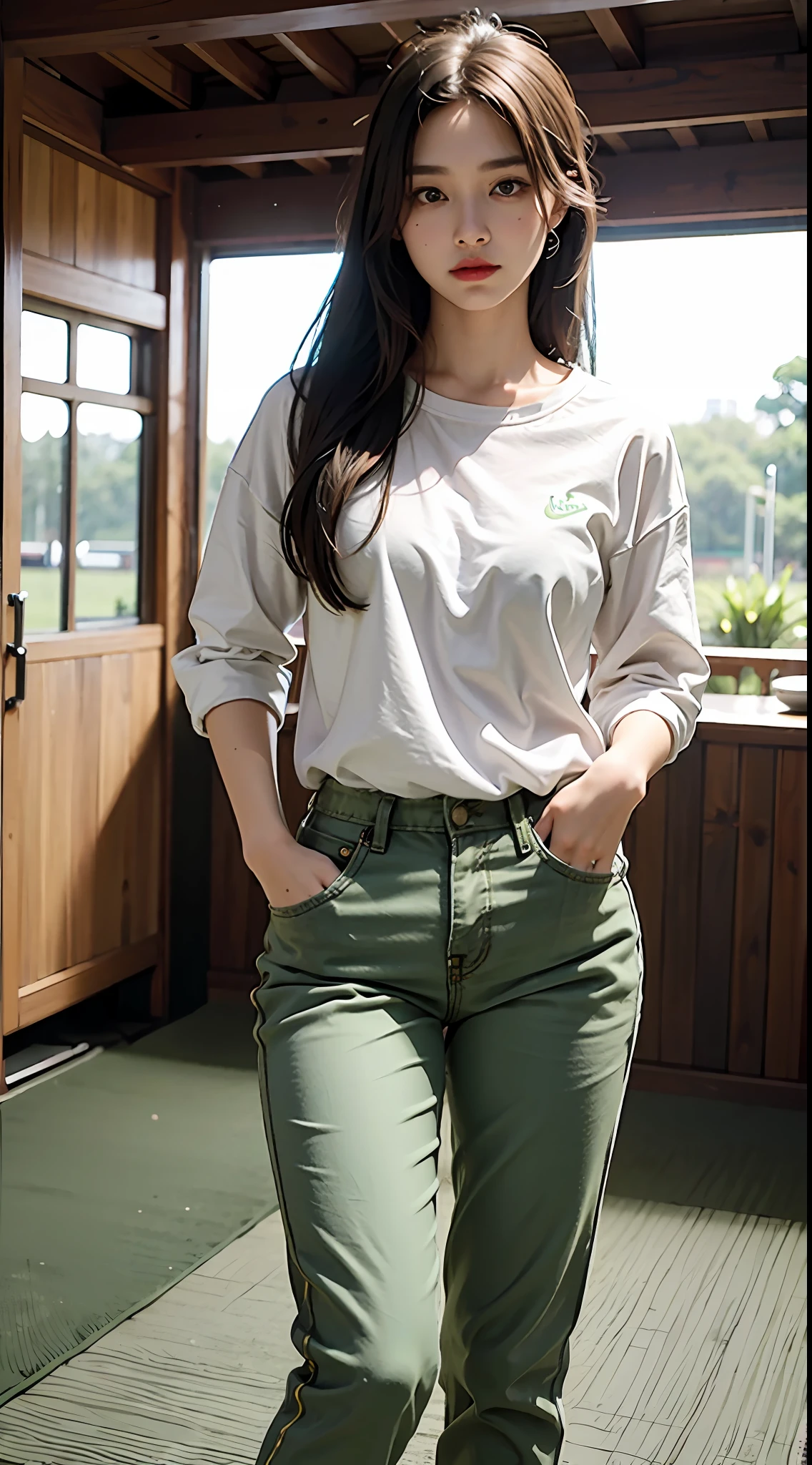 1girl, she wearing white shirt and green pants, casual clothes, wearing green nike shoes, 22 years old, scary face, adult face, 4k style, realistic, crowded, green long hair