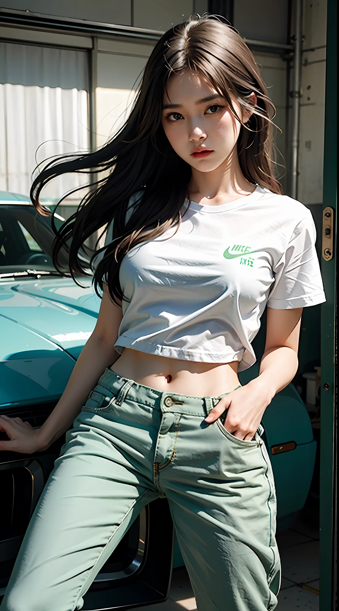 1girl, she wearing white shirt and green pants, casual clothes, wearing green nike shoes, 22 years old, scary face, adult face, 4k style, realistic, crowded, green long hair
