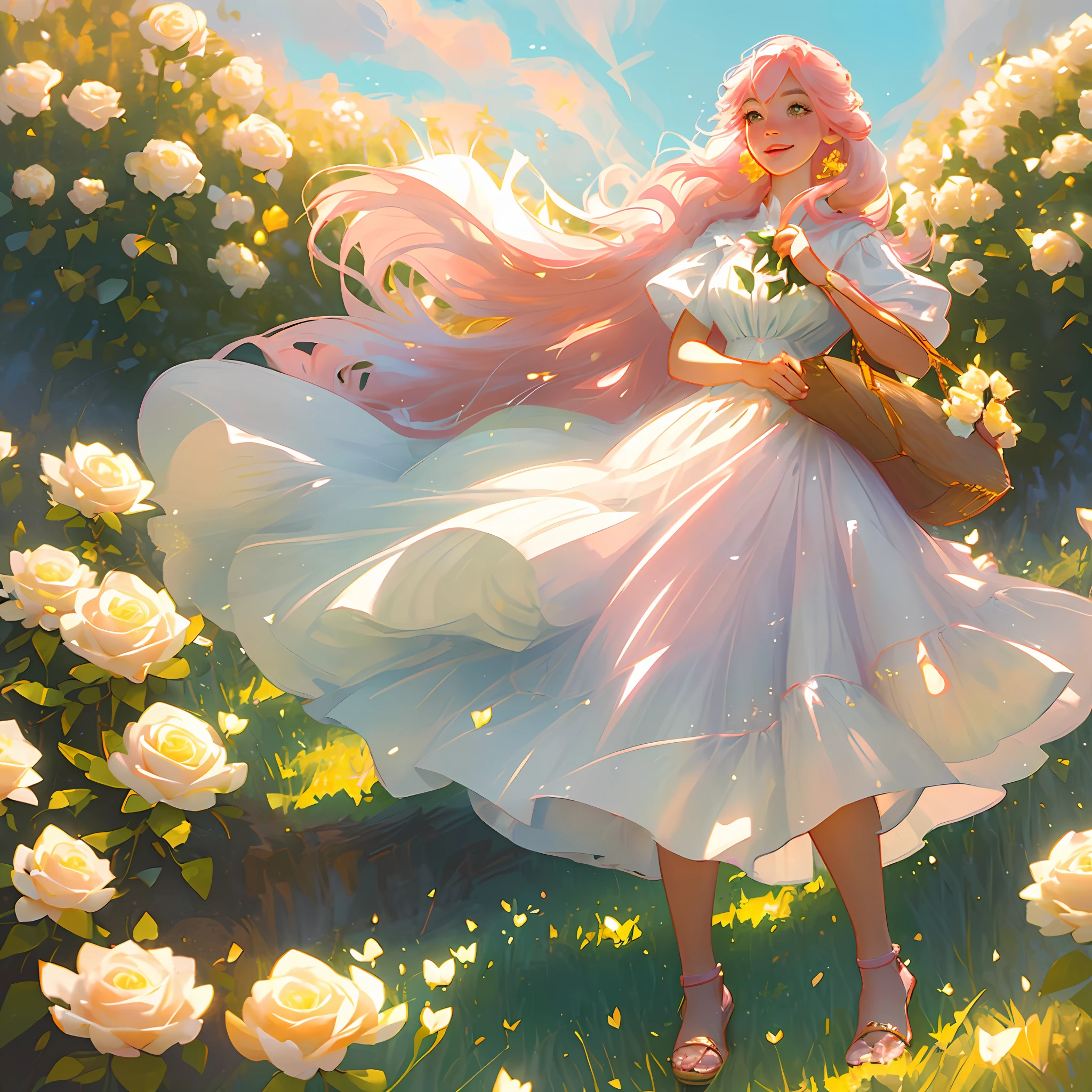 Light pink hair girl with sun reflections, bright peach eyes, radiant smile, pink lips, surrounded by a field of yellow and white roses, bright sky, lights, good quality, dressed in a romantic white dress, holding a bouquet of yellow roses, butterflies with white glitter, green grass, sandals, clouds, detailed face, face with good quality