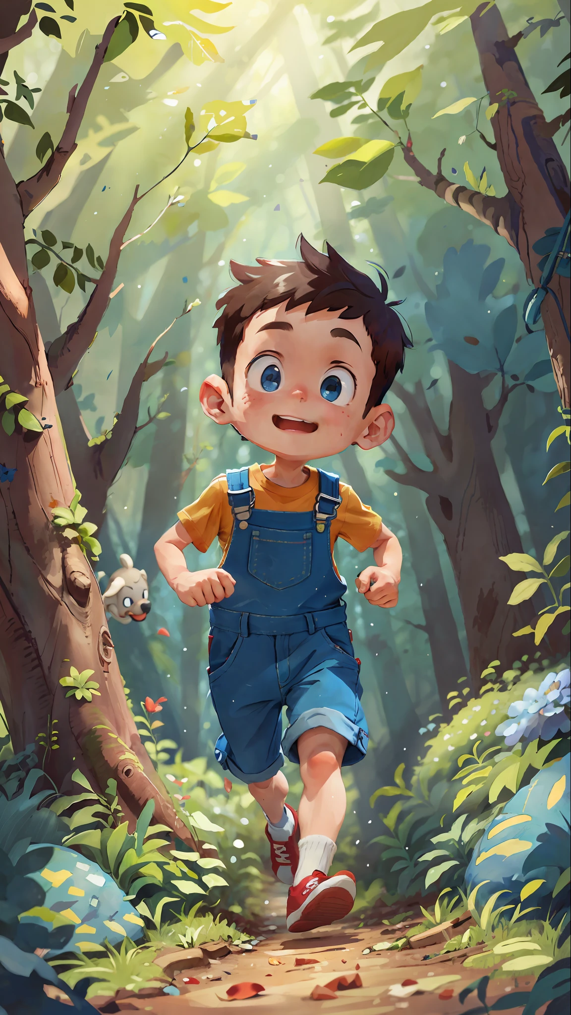 (SFW), a boy running around in blue overalls, red shoes, blue pants, in the forest, happy, blue jumpsuit, forest in the background, perfect quality, clear focus, colorful, perfect face, intricate details, ultra-low viewing angle, wide-angle lens