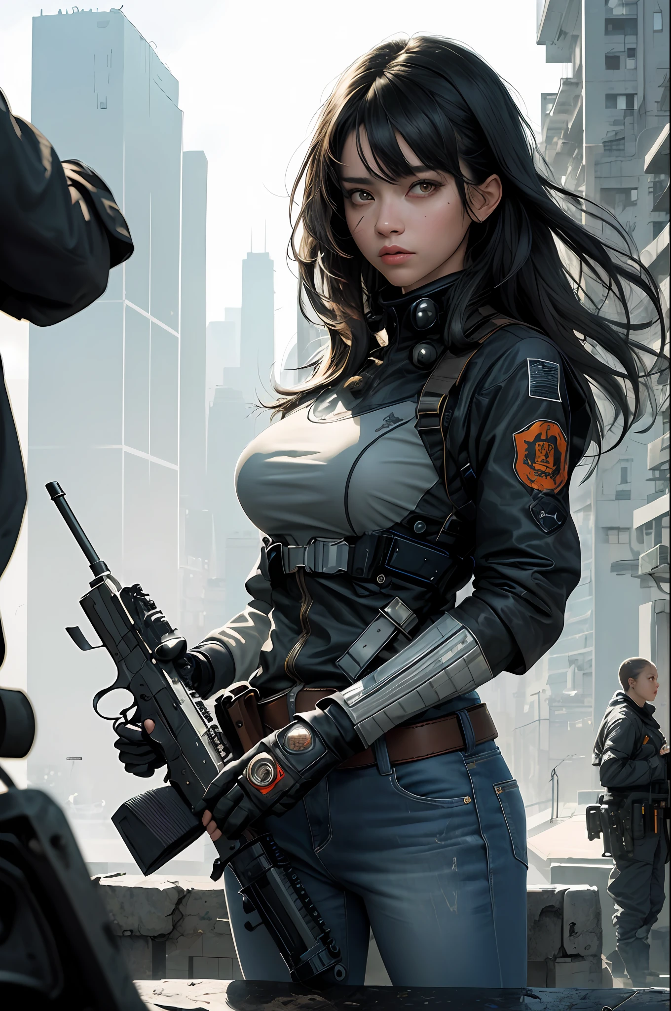 (masterpiece:1.4),(best quality:1.4)(high_resolution:1.1),(detailed),Graphic_Novel,(detailed city background),1girl, (upper_body ),surprised face ,White skin,medium_breasts,jacket,jeans, dramatic light, gun, weapons, holding a rifle with both hands, assault rifle,HK416, virtualgirl-aim, medium breasts, straight hair, long hair, black hair, black eyes,