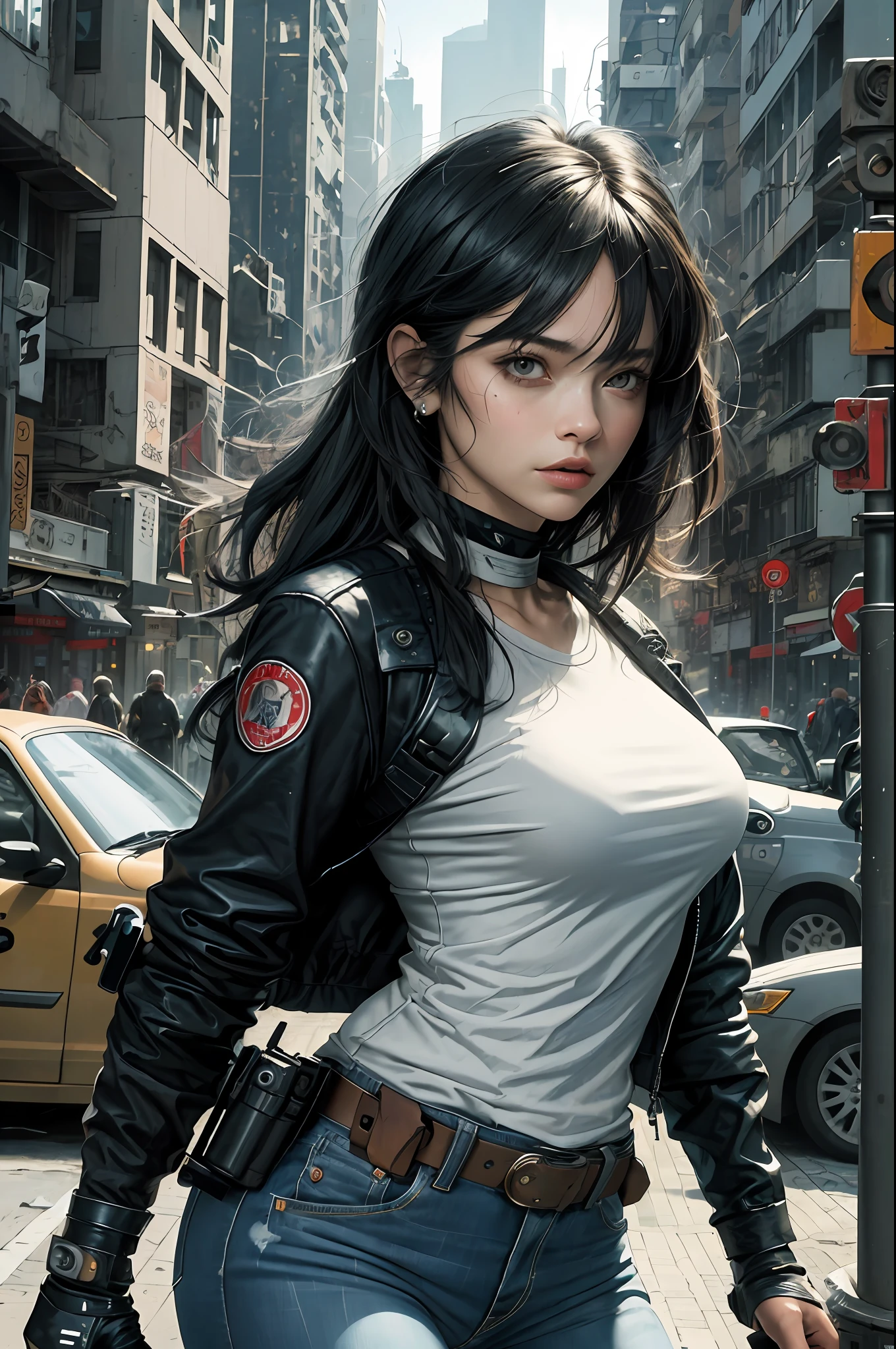 (masterpiece:1.4),(best quality:1.4)(high_resolution:1.1),(detailed),Graphic_Novel,(detailed city background),1girl, (upper_body ),surprised face ,White skin,medium_breasts,jacket,jeans, dramatic light, gun, weapons, holding a rifle with both hands, assault rifle,HK416, virtualgirl-aim, medium breasts, straight hair, long hair, black hair, black eyes,