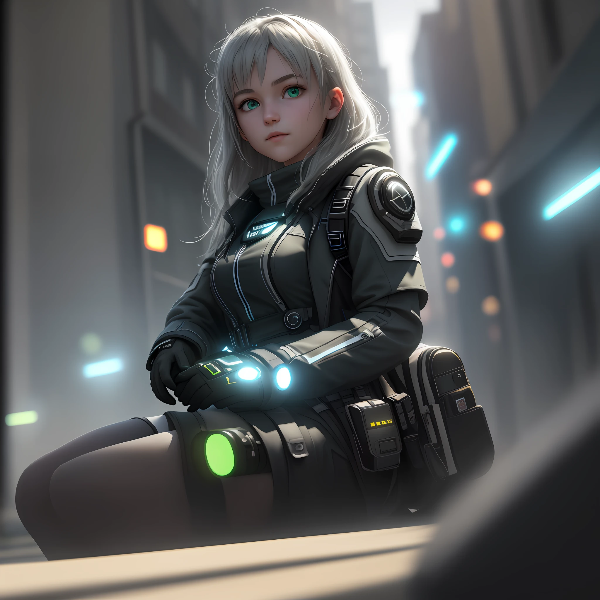 a girl sitting on the side of the street, Green Eyes, HDR (High Dynamic Range), Ray Tracing, NVIDIA RTX, Super-Resolution, Unreal 5, Subsurface Scattering, PBR Texturing, Post-Processing, Anisotropic Filtering, Depth-Of-Field ,Maximum Clarity And Sharpness, Multi-Layered Textures, Albedo And Specular Maps, Surface Shading, Accurate Simulation Of Light-Material Interaction, Octane Render, Two-Tone Lighting, Low ISO, White Balance, Rule Of Thirds, Wide Aperture, 8K RAW, Efficient Sub-Pixel, Sub-Pixel Convolution, (Luminescent Particles:1.4), {{Masterpiece, Best Quality, Extremely Detailed CG, Unity 8k Wallpaper, 3D, Cinematic Lighting, Lens Flare}},