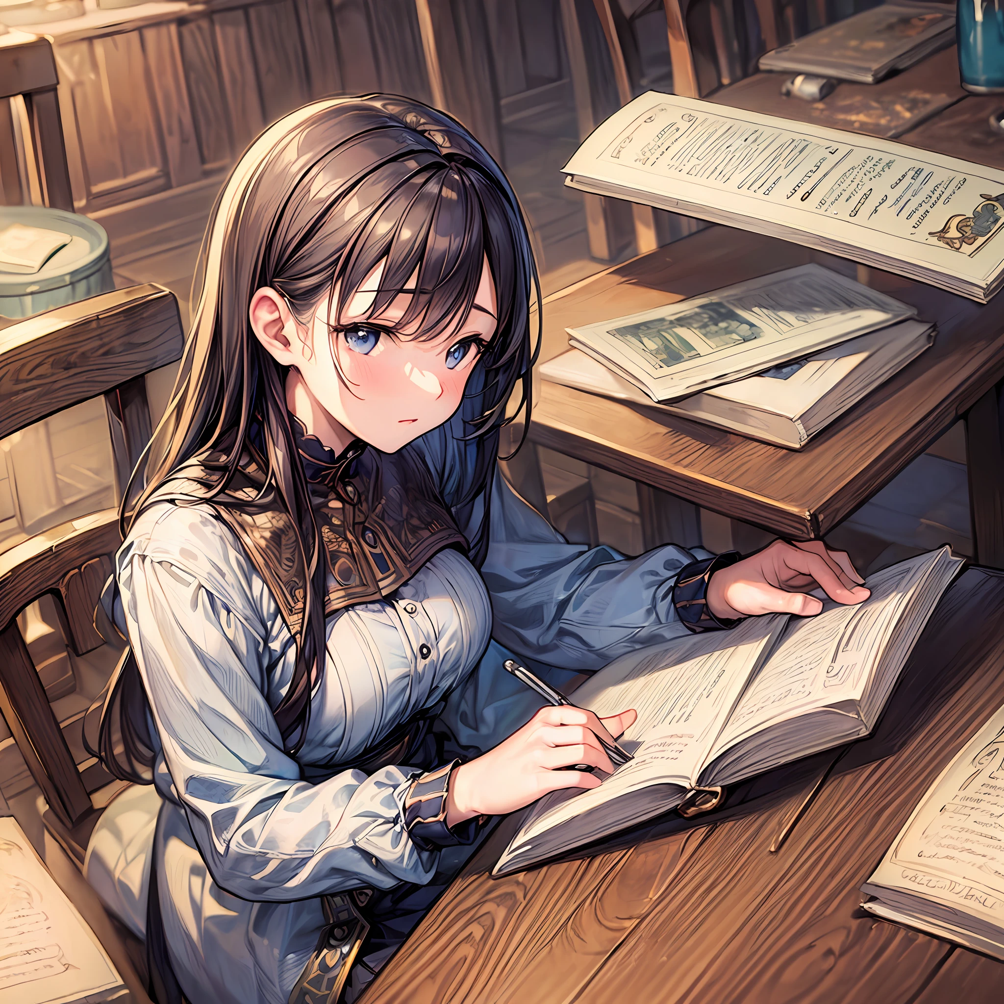 (((masterpiece, illustration, strong outlines, best quality))), 1girl, solo, solo focus, cafe, sitting, book