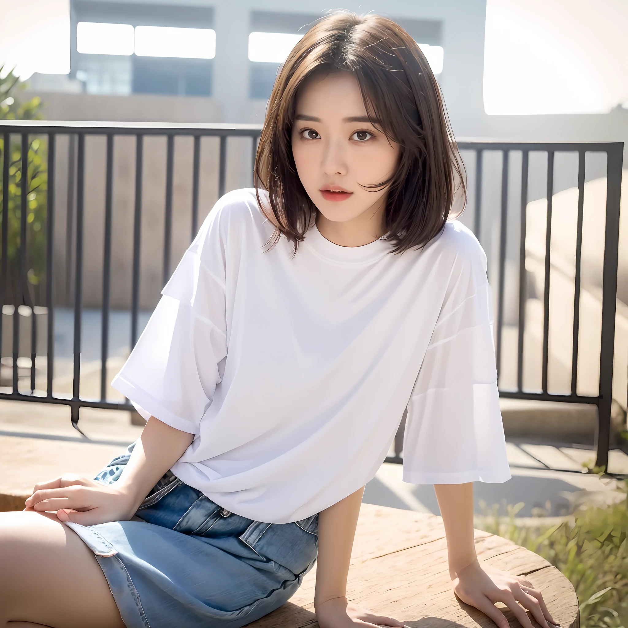 ((Top Quality, 8K, Masterpiece: 1.3)), Focus: 1.2, 1 Girl, (Plain T-shirt), Oversized T-Shirt, (Layered Haircut: 1.2)), Highly Detailed Face and Skin Texture, Delicate Eyes, Double Eyelids, Whitening Skin, (Round Face: 1.5), Urzan, Ala Flint sits on a bench wearing a white shirt, Official Product Images, Short Sleeves, Overflow, Japan streetwear, overlays, she wears streetwear, screen print, over-proportioned, advertising image, graphic print, off-white, t-shirt !!,official, medium portrait, extra large, graphic t-shirt, official product photo, screen print, white t-shirt