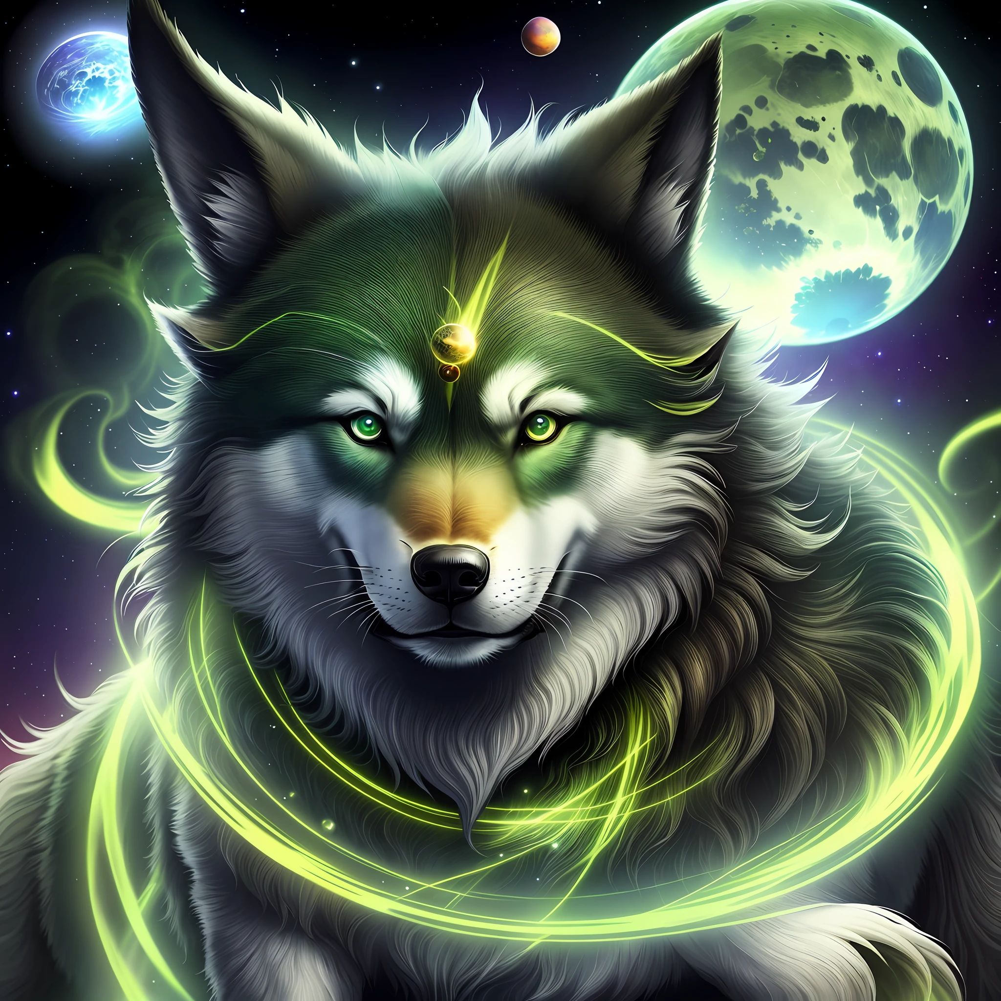 green cosmic wolf, front, planets around.