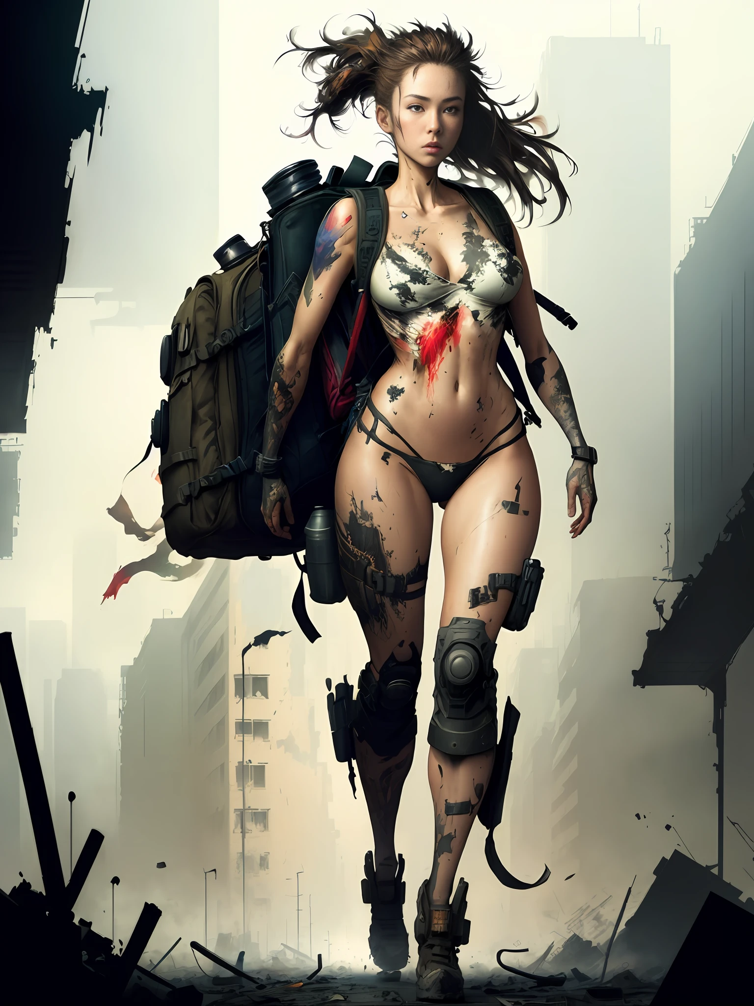 movie scene, a masterpiece (((an apocalyptic girl with backpack on her back))), slender body with large breasts, breasts down, firm breasts, (walking in a destroyed city behind), full body, Kim Jung gi, freedom, soul, digital illustration, sci-fi, perfect anatomy whole body, centered, approaching perfection, dynamic, highly detailed, watercolor painting, art station, conceptual art, smooth, sharp focus, illustration, art by Carne Griffiths and Wadim Kashin, unique, award-winning, masterpiece