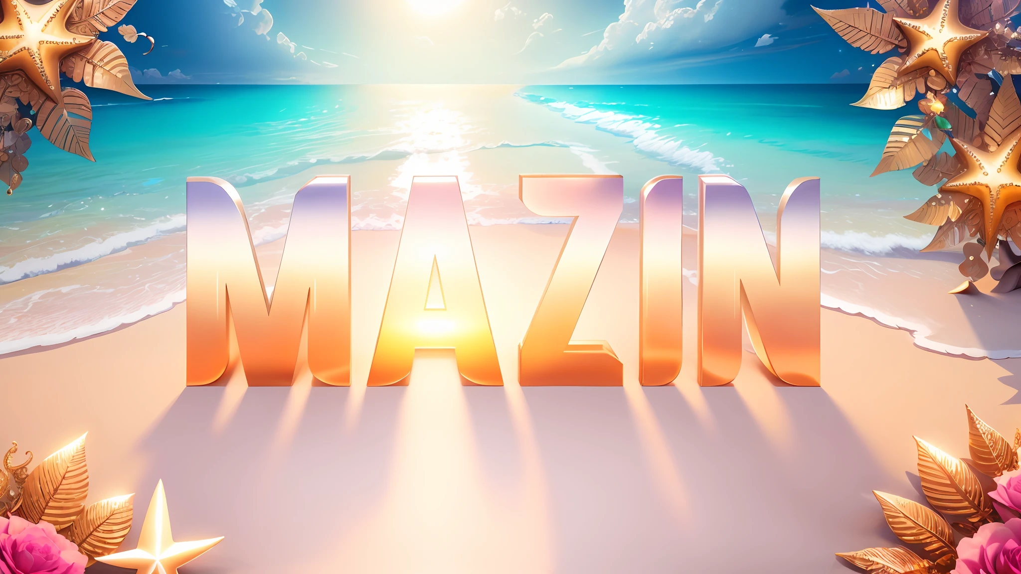 there is text masterpiece made of metalic gems masterpiece,ultra detailed,ivory style, hyper-realism, photo, photo composition, vibrant colors, fantastic background, 4k, full frame, detailed Glass texture, background with beach, wonderful reflections --v 6