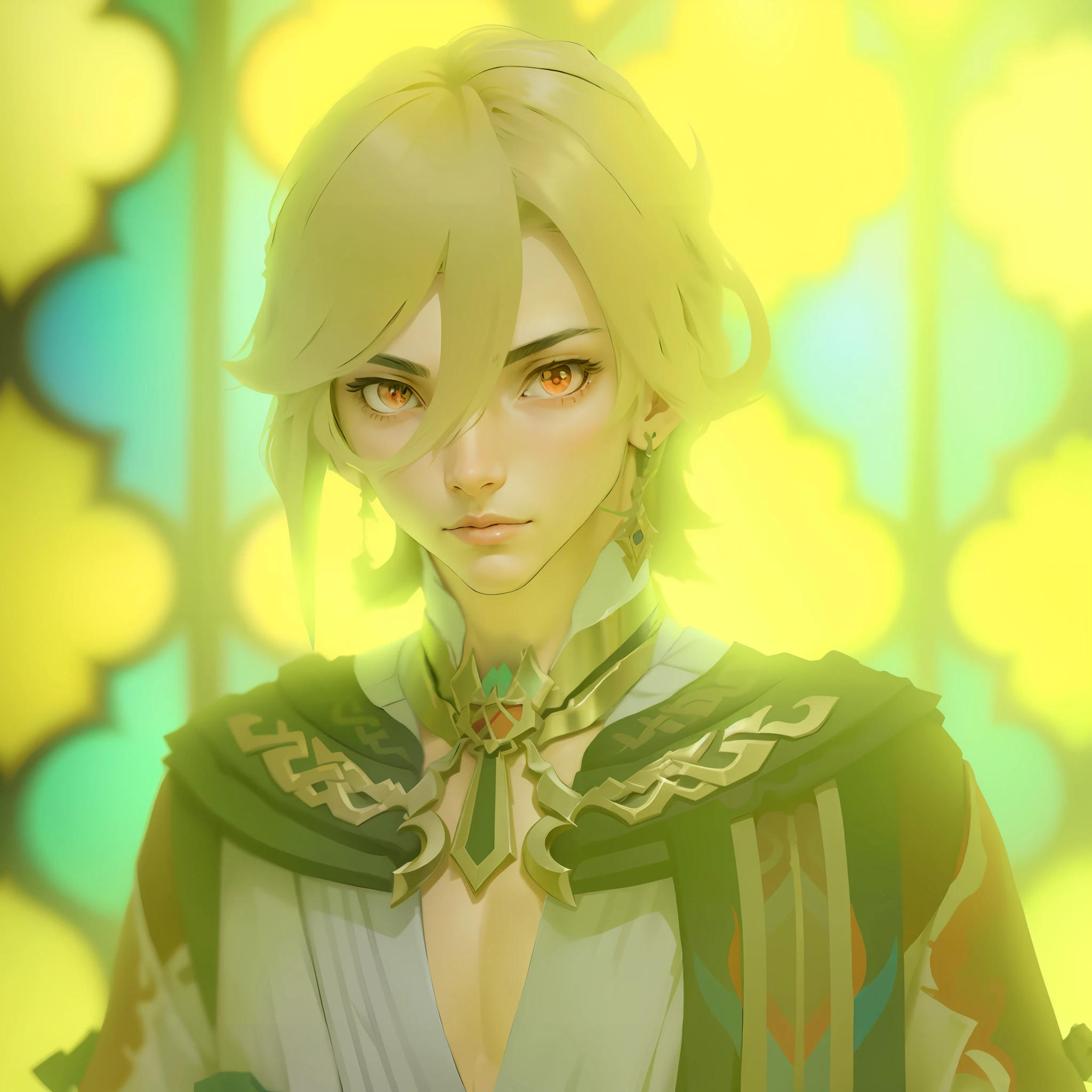 kaveh (genshin impact), 1 male, (Solo:1.4), blond hair, red eyes, in front of the stained glass window
