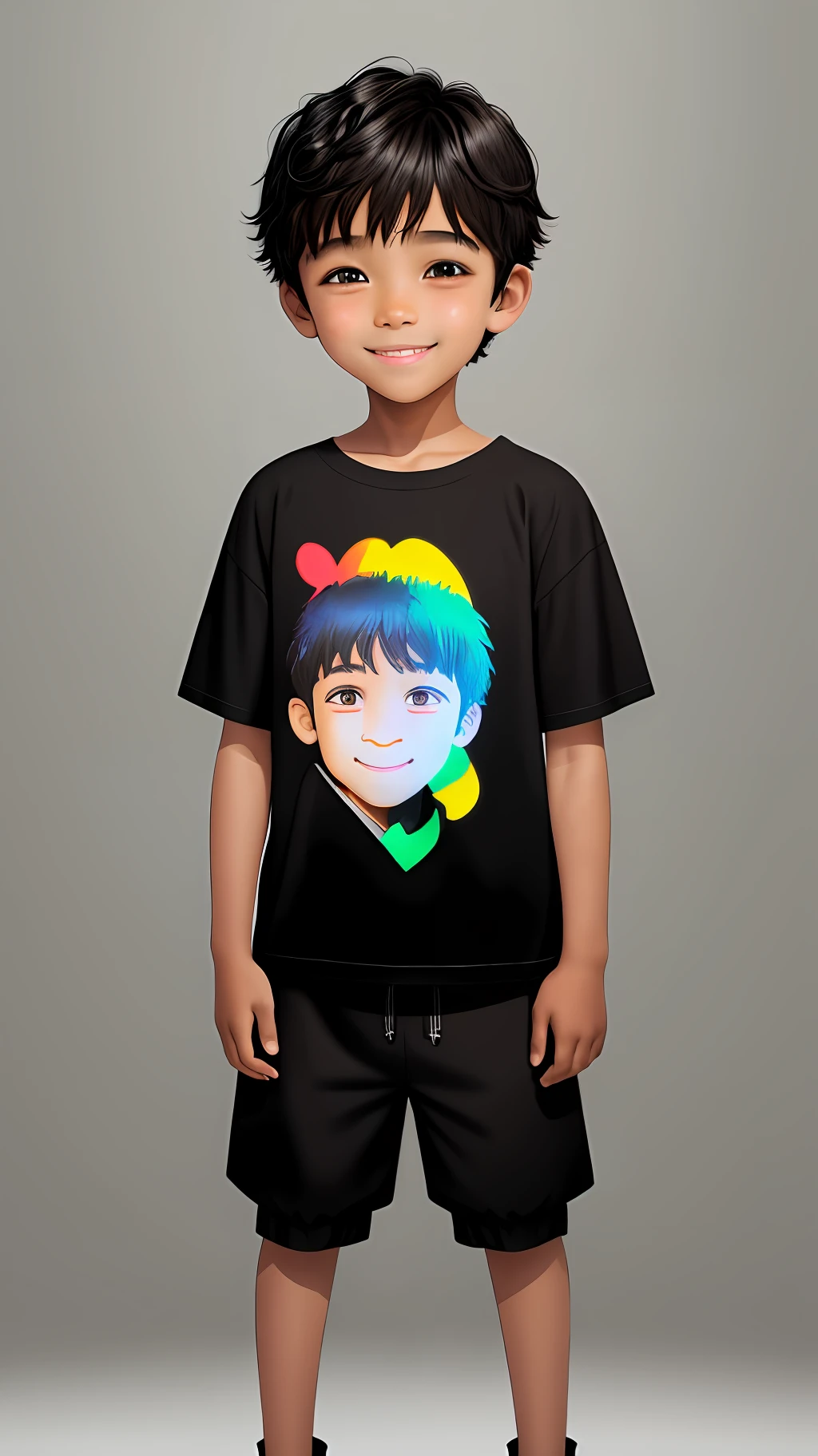 Eight-year-old boy, light brown skin, black hair (very short) rounded face, black eye, fleshy lips, smiling, wearing boys' children's clothing (colorful) full body, good image quality and lighting.
