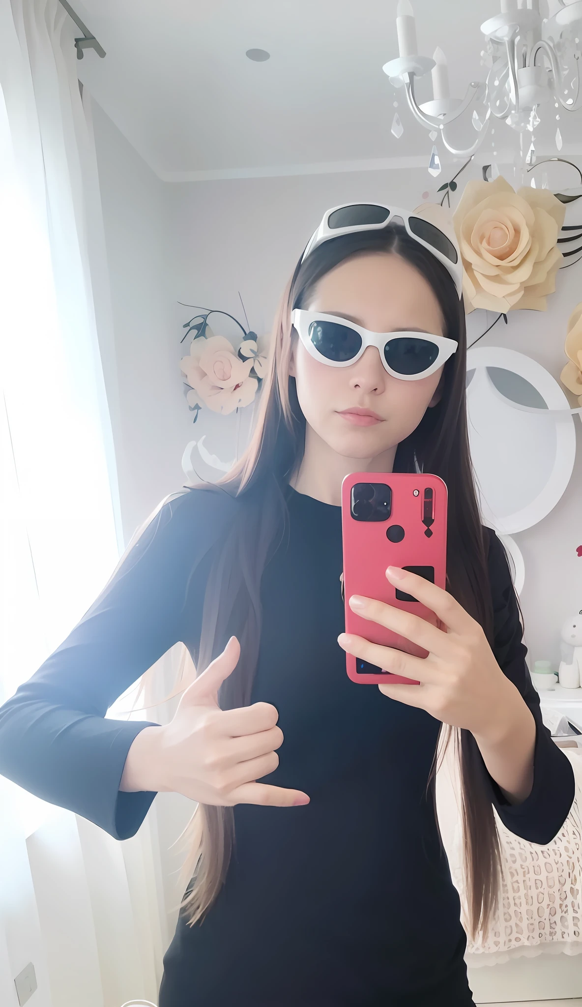 there is a woman taking a selfie in a mirror, with sunglass, with sunglasses, style of julia razumova, dasha taran, anna nikonova aka newmilky, profile pic, in sun glasses, white and black, very very low quality picture, ekaterina, black! and white colors, with glasses, 18 years old