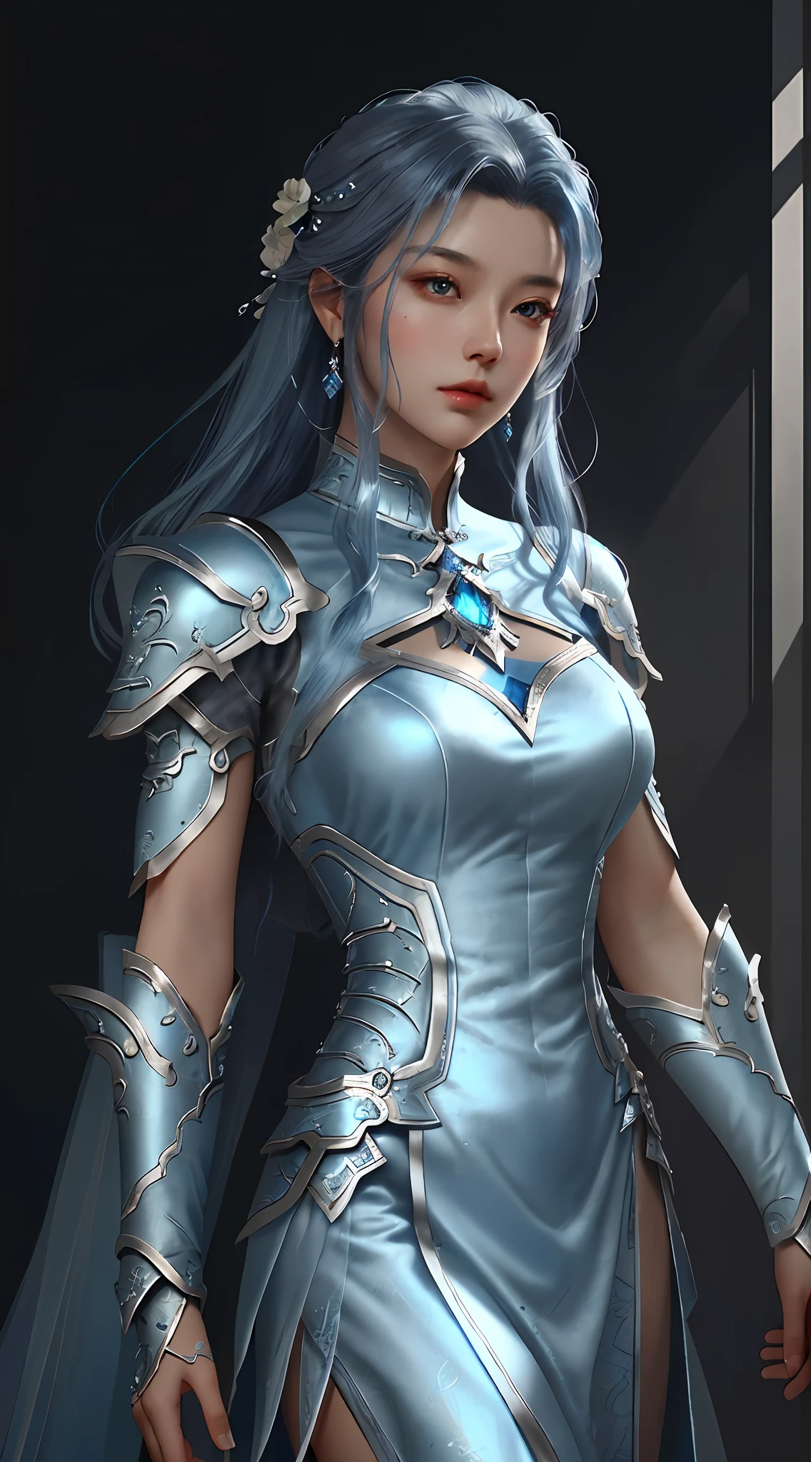 a close up of a woman in a silver and blue dress, chengwei pan on artstation, by Yang J, detailed fantasy art, stunning character art, fanart best artstation, epic exquisite character art, beautiful armor, extremely detailed artgerm, detailed digital anime art, artgerm on artstation pixiv, armor girl