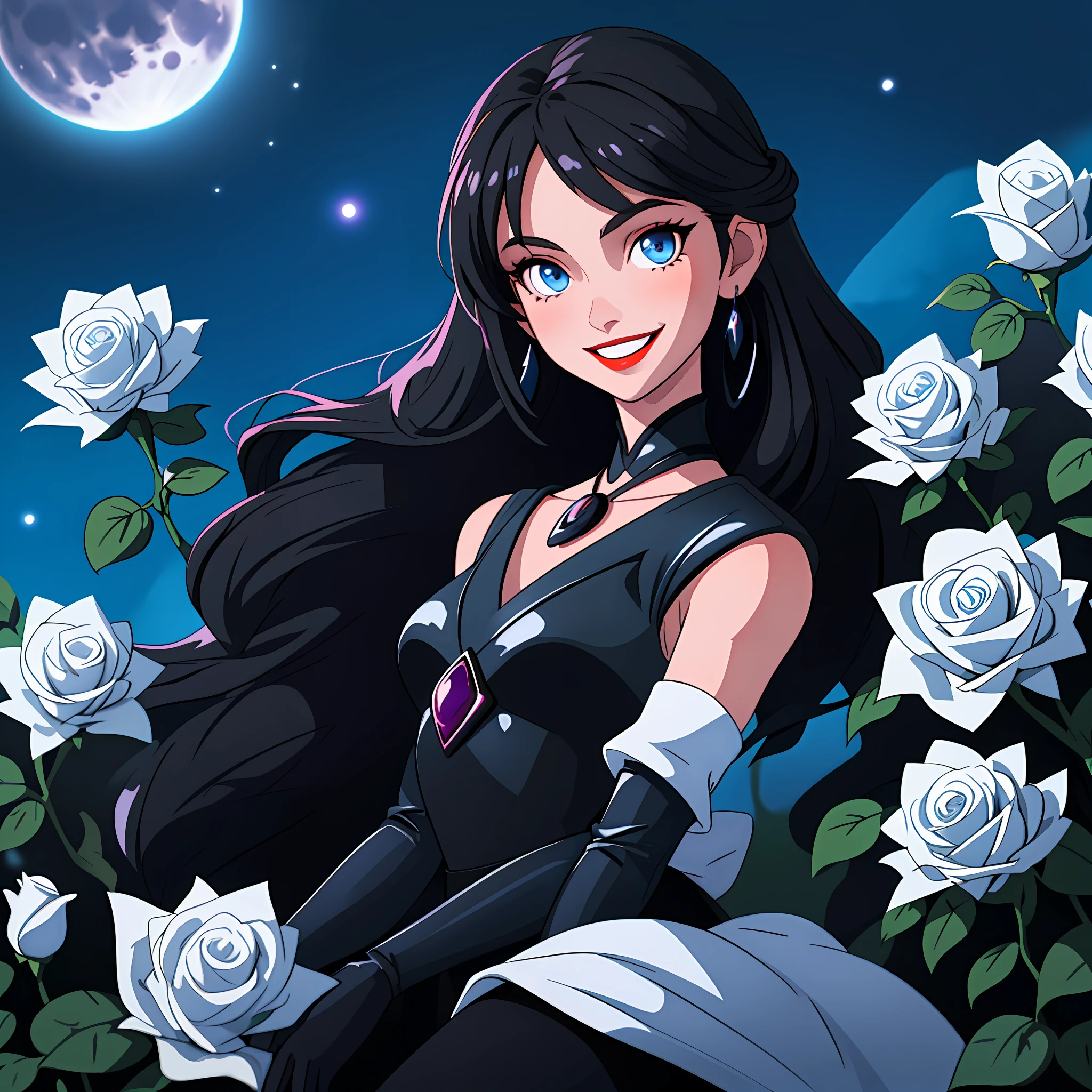 Black-haired girl with blue highlights, bright light blue eyes, villama smile, red lips, background a garden with white roses, night sky with stars, night reflection, moonlights, radiant moon, sleeveless dress, v-neckline, black dress snug to the body, dress with opening on the thigh, black heels, black rose earrings, black neck necklace with a small white diamond, black leather elbow-length gloves, villain smile, villain aura, duchess, detailed face, quality face, beautiful smile, flirtatious smile,