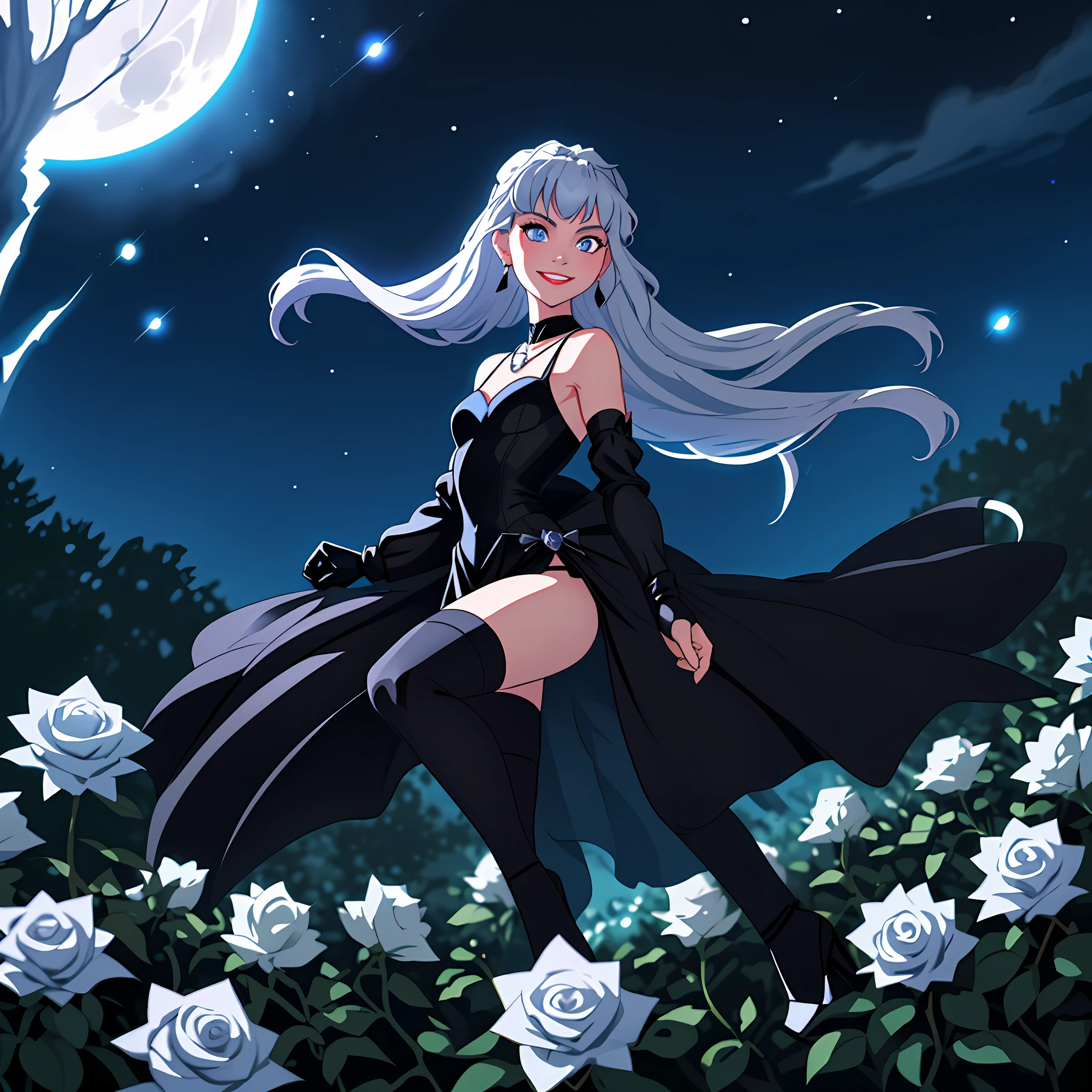 Silver-haired girl with blue highlights, bright light blue eyes, red lips, background a garden with white roses, night sky with stars, night reflection, moonlights, radiant moon, sleeveless dress, v-neckline, black dress snug to the body, dress with opening on the thigh, black heels, black rose earrings, necklace at the neck black with a small white diamond, elbow-length gloves black leather, villain smile, villain aura, duchess, detailed face, quality face, beautiful smile, flirtatious smile,