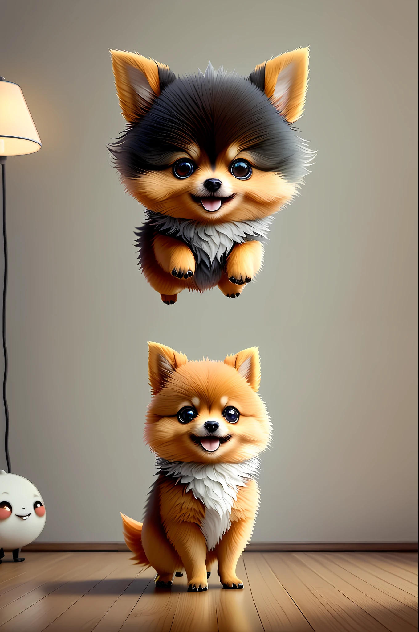 Cute adorable little pomeranian dog waving and smiling greeting me, unreal engine, cozy interior lighting, art station, detailed digital painting, cinematic, character design by mark ryden and pixar and hayao miyazaki, unreal 5, daz, hyper realistic, octane render, 3DMDT1