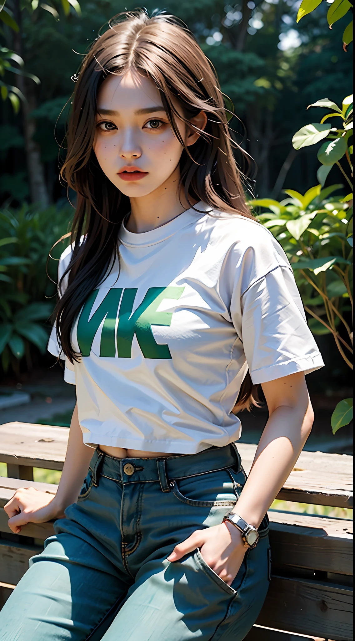1girl, she wearing white shirt and green pants, casual clothes, wearing green nike shoes, 22 years old, scary face, adult face, 4k style, realistic, crowded, green long hair