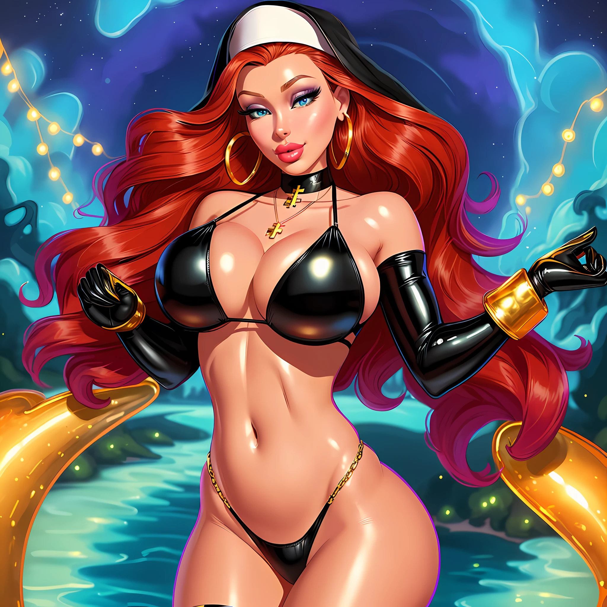 [Nicolette Shea|Kitty Summers], (black slingshot swimsuit:1.2), red hair styled in loose waves, analog style, woman, (thepit bimbo:1.2)), blue eyes, gold hoop earrings, detailed, skin texture, (silicon lips:1.3), full body perspective, centered, tan skin, looking at viewer, 8k, highly detailed, glossy, symmetric, realistic, photo-realistic, cleavage focus, pout, mini panties, wide hips, church background, glowing skin, breast enlargement, black arm sleeve gloves, cameltoe, huge breasts, nun hood, cross necklace, bubblebutt, huge lips, black thigh high boots, gold outline, eyelashes, eyeshadow, 1girl, (massive lips: 1.3), (gigantic lips: 1.3), in frame, (dreamlikeart style:1.4), navel, milf, feminine, gold belly chain,