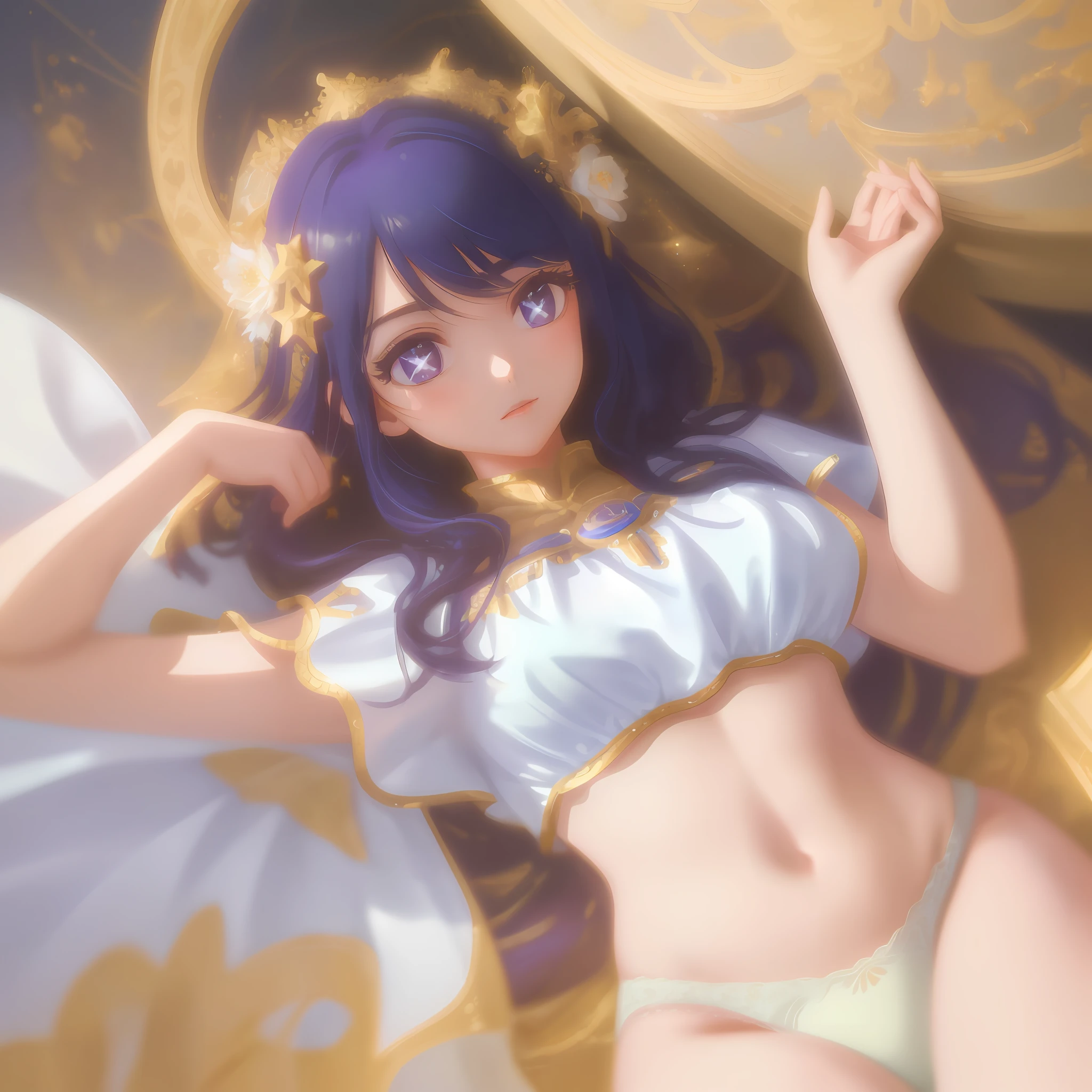 Beautiful girl looking at the camera, from below, full length, , ((background space and stars)), (masterpiece), best quality, very detailed, (watercolor), blooming, delicate and beautiful, illustration , (bottom), (detailed skin, diffuse skin pores), ethereal, max detail, max quality, (bloom: 0.5), ray tracing, specular, shallow DOF, anti-aliasing, 8K UHD, SLR camera, soft light, high quality, 3D lighting, candid, photography, high resolution, 4K, 8K, bokeh, ultra-realistic 8K CG, (epic:, perfect work, masterpiece, ancient dynasty, middle ages, fantasy), ((((detailed background))) , amazing god-like beauty, vivid facial features, detailed hair, dynamic angle, amazing stunningly beautiful, lying down, extremely detailed skin, golden wet skin, 50mm portrait, glamour, perfect soft curves, perfect body, perfect boobs, perfect wide hips, plump wet lips, extremely detailed muscle definition, perfectly detailed abs, ultra-realistic, revealing clothing, belly exposed, thighs, purple eyes, purple hair, panties