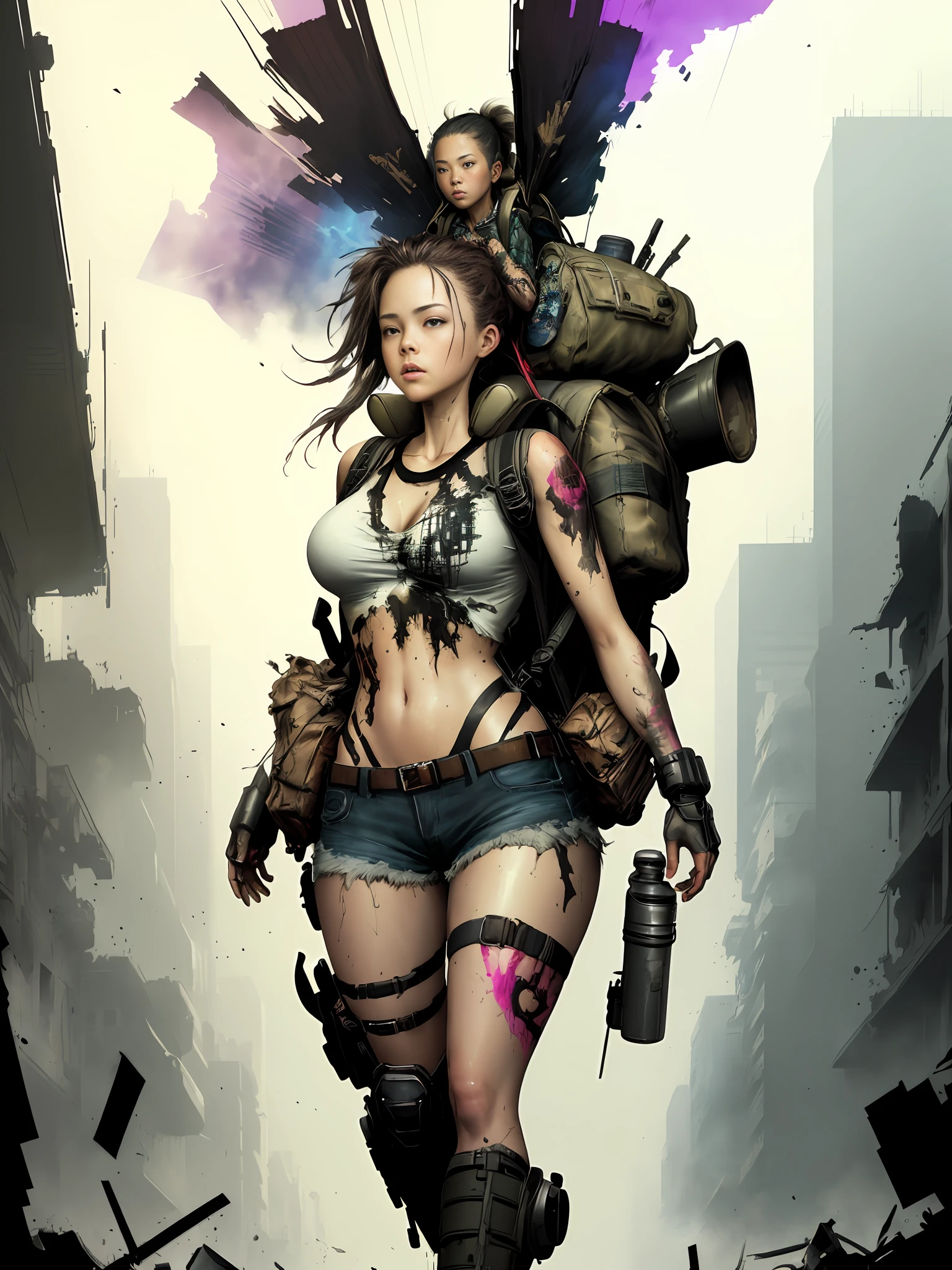 movie scene, a masterpiece (((an apocalyptic girl with backpack on her back))), slender body with large breasts, breasts down, firm breasts, short torn shorts, (walking in a destroyed city behind), full body, Kim Jung gi, freedom, soul, digital illustration, sci-fi, perfect anatomy whole body, centered, approaching perfection, dynamic, highly detailed, watercolor painting, artistic station, conceptual art, smooth, sharp focus, illustration, art by Carne Griffiths and Wadim Kashin, unique, award-winning, masterpiece