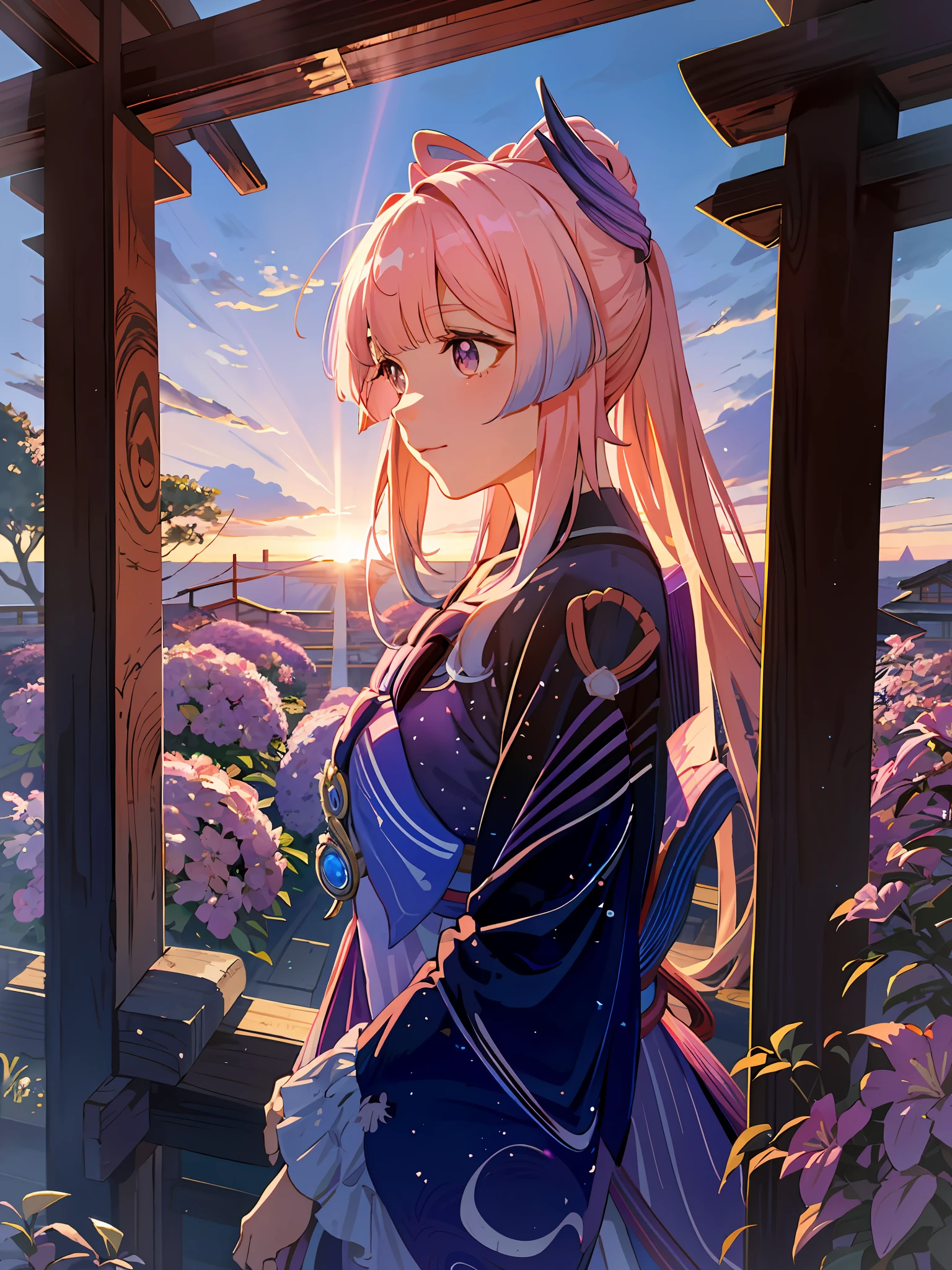 kokomi (genshin impact), 1 girl (Solo:1.4), pink hair, sunset light, big pink and purple flowers, rays of light, dramatic lighting, flowers on the foreground, sunset on background, soap bubbles, pastel colors