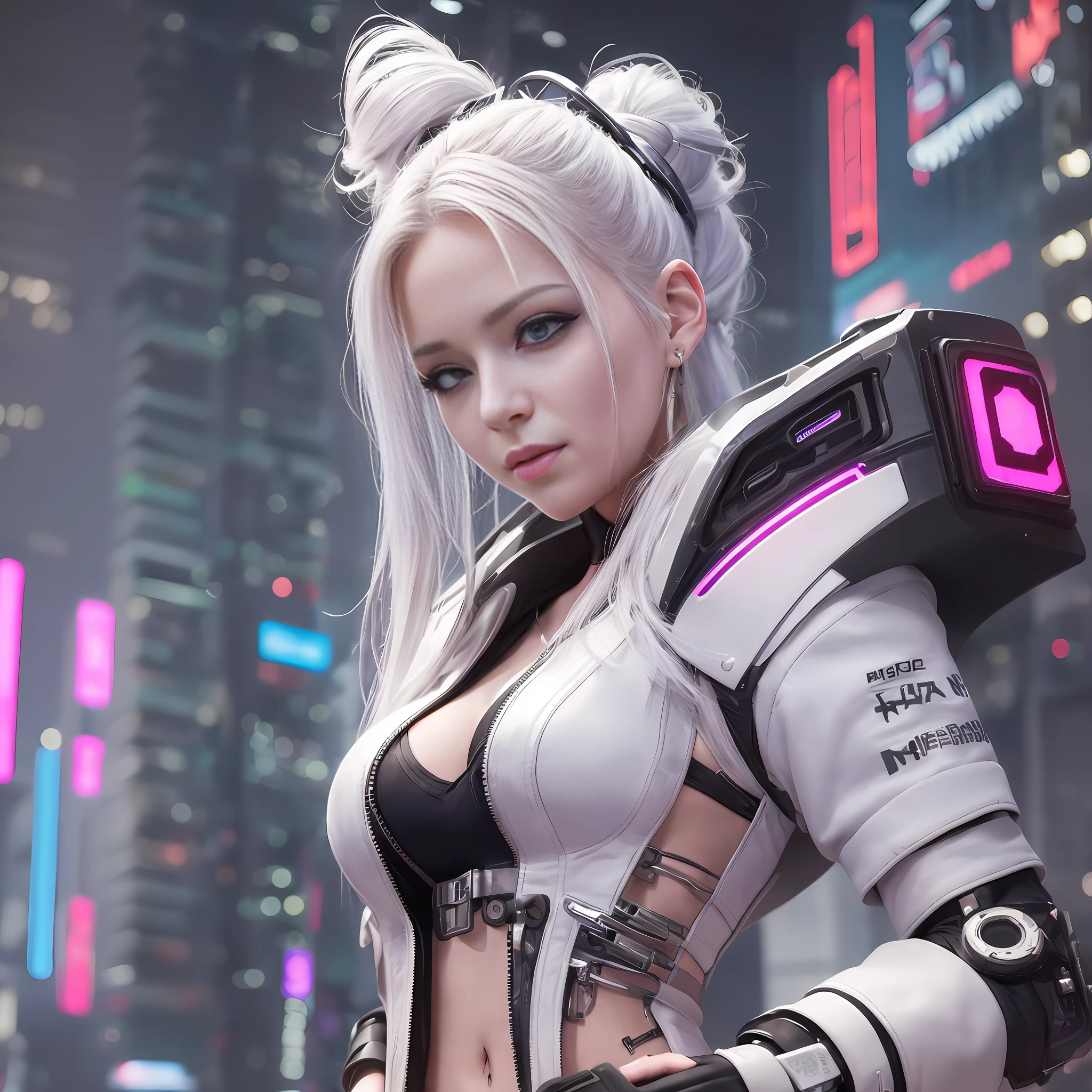 woman in futuristic outfit, white hair, hair braided, sexy smile, do not show hands, cyberpunk style, cyberpunk themed art, beautiful cyberpunk girl, cyberpunk girl, cyberpunk girl portrait, dreamy cyberpunk girl, cyberpunk vibes, cyberpunk art style, cyberpunk digital painting, cyberpunk digital art, advanced cyberpunk digital art