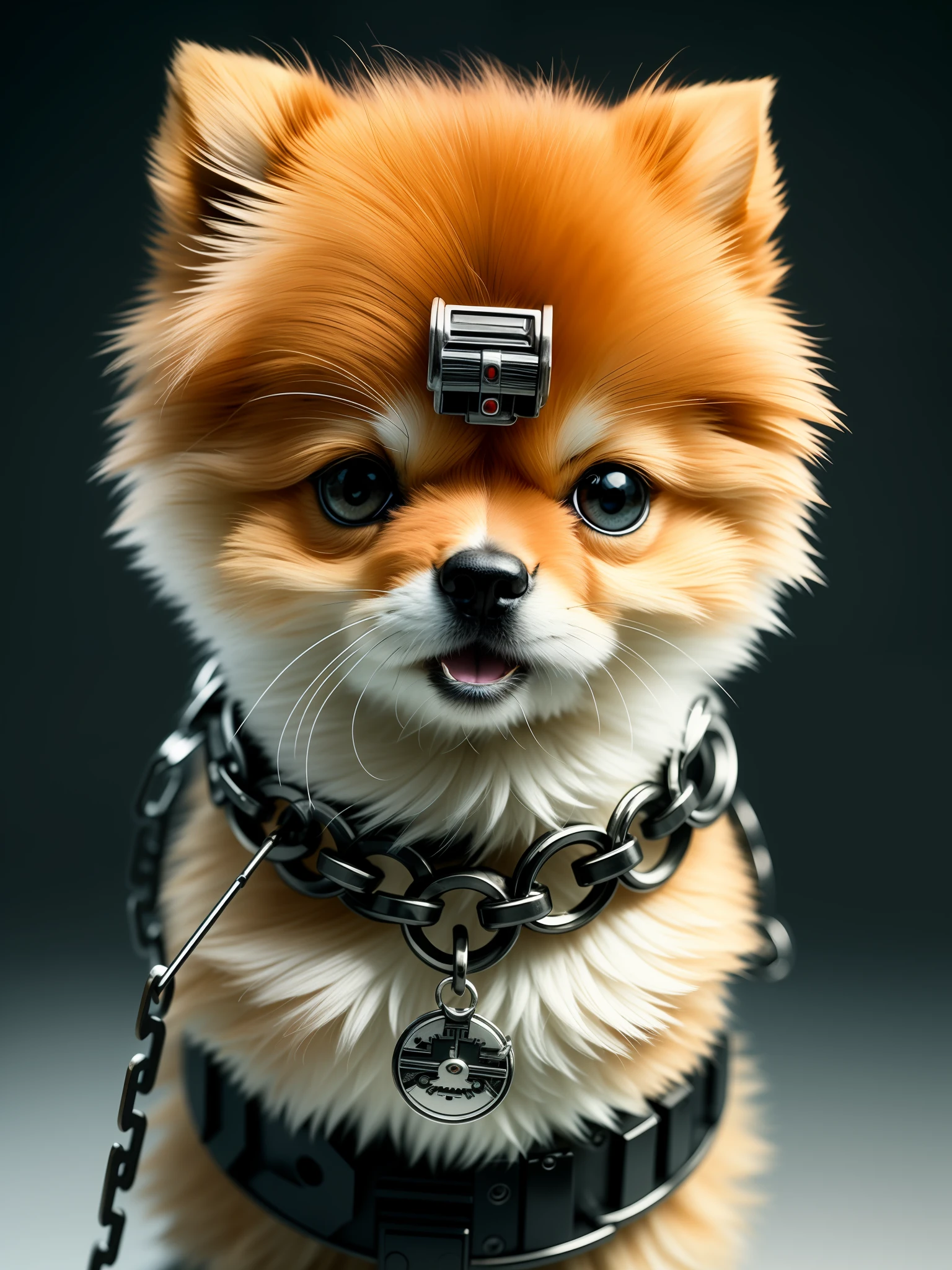 Masterpiece, 4K, Metal Image, Cute 1 Pomeranian Puppy, (Cyborg:1.1), ([Tail | Chain]:1.3), (Details Complex), HDR, (Hyperdetail, Details Complex:1.2), Focus on Detail, Cinematic Shot, Vignette, Center, Only 1HEAD.