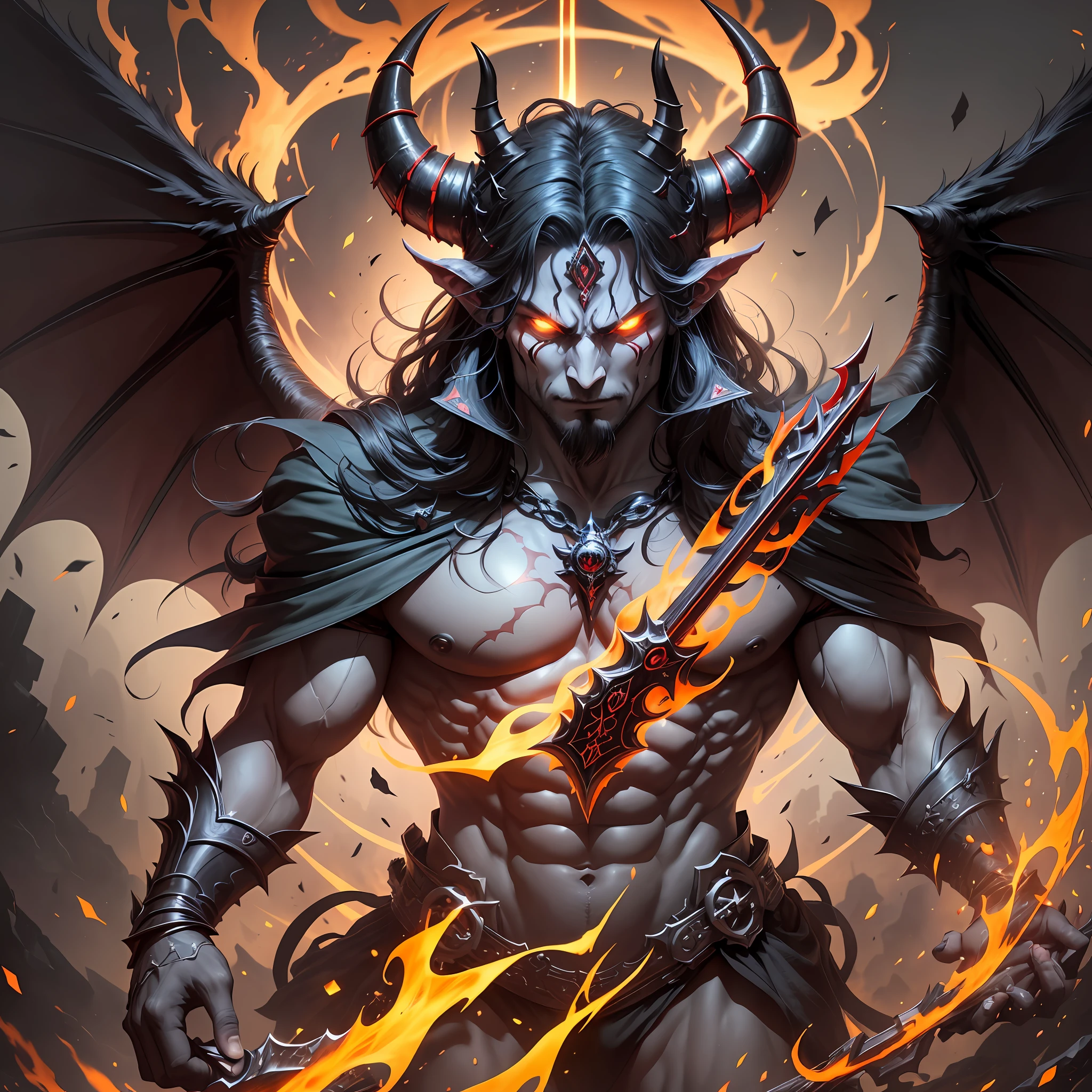 Asmodeus, the lord of shadows and master of corruption, takes on an impressive form in his artistic depiction. His body is a mixture of human and forms, a perfect combination of temptation and perversion. His skin has a reddish hue, almost as if it were on fire, and is covered with ancient symbols and marks, which emanate a sinister energy. His eyes, yellow as burning embers, radiate an intense, malicious glow. The curved horns on his head are imposing, evoking an aura of demonic authority. Dark, membranous wings extend from his back, allowing him to soar through the hellish realms. His hands end in sharp claws, ready to tear apart any obstacle that crosses his path. Asmodeus holds a scepter adorned with black jewels, a symbol of his dominion over the dark powers. His presence is menacing and seductive, conveying the essence of sin and corruption in all its hellish glory.

Regenerate response