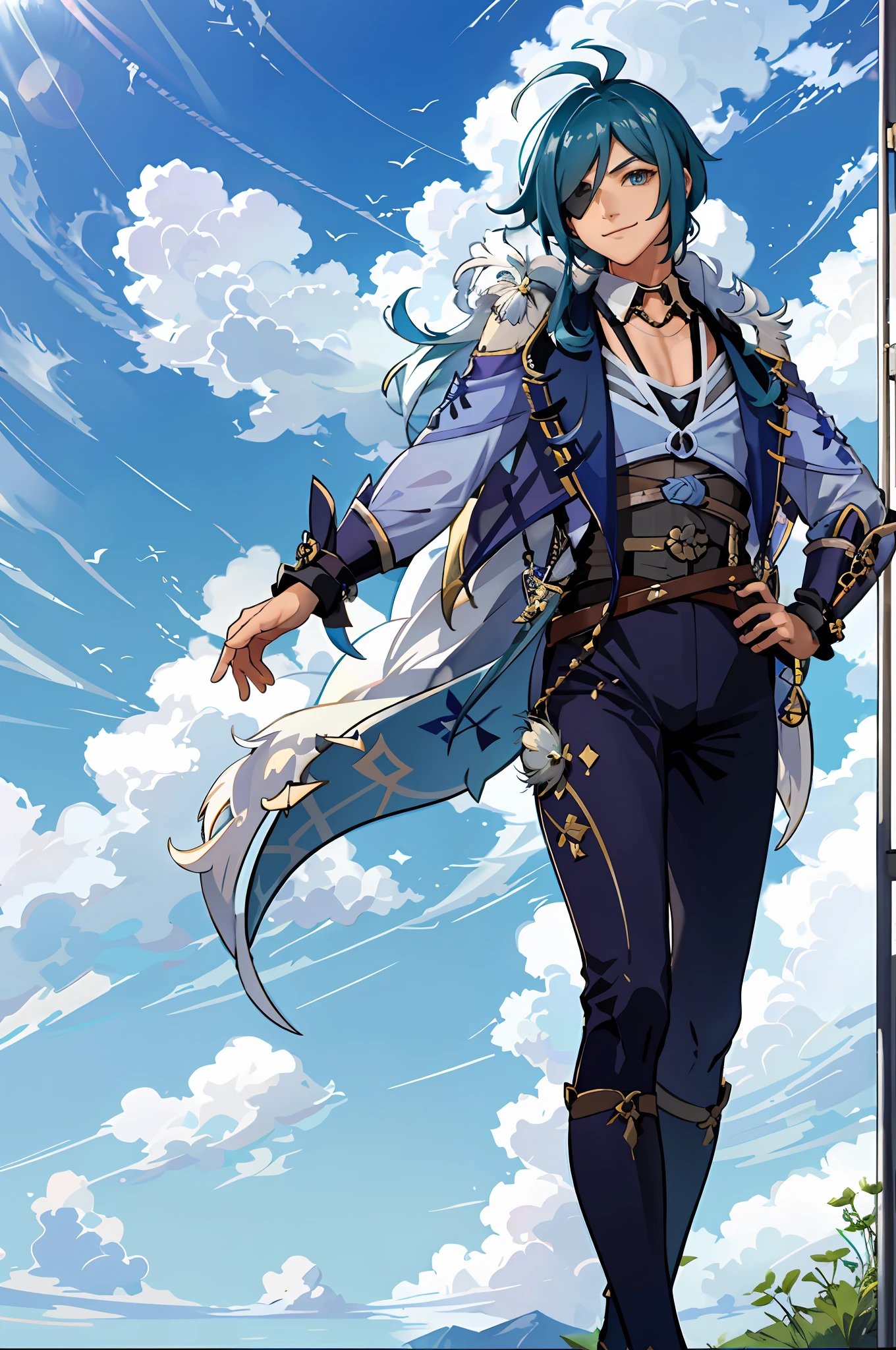 kaeya (genshin impact), 1 male, (Solo:1.4), blue hair, eyepatch, daylight, blue sky with white clouds, happy smile, dandelions