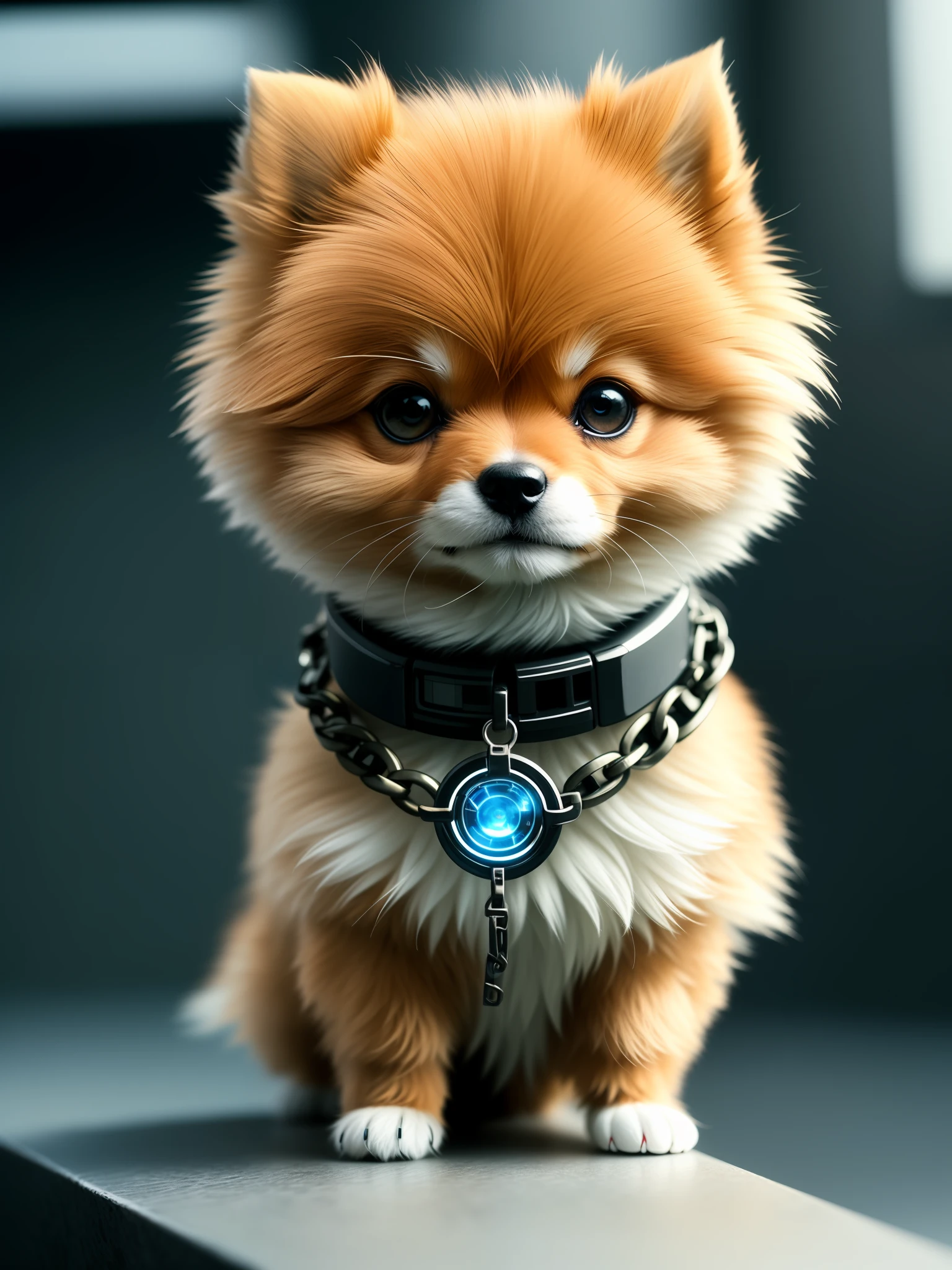 Masterpiece, 4K, Metal Image, Cute 1 Pomeranian Puppy, (Cyborg:1.1), ([Tail | Chain]:1.3), (Details Complex), HDR, (Hyperdetail, Details Complex:1.2), Focus on Detail, Cinematic Shot, Vignette, Center, Only 1HEAD.