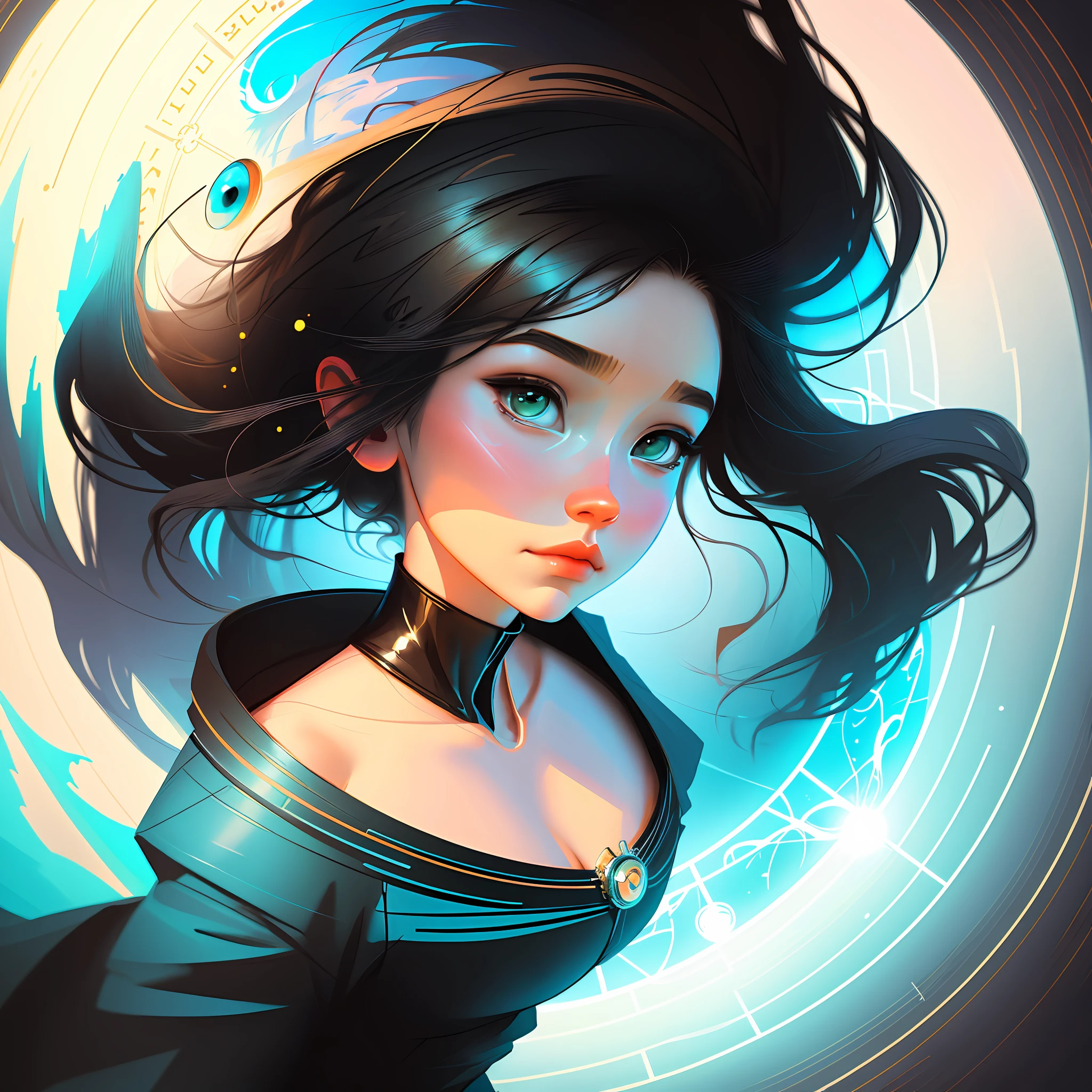 Surreal beautiful girl floating in the sky, (circle composition:1.3), wearing a stapless dress, black neckline, aqua dress, Artgerm, WLOP, Thomas Kinkade and Studio Ghibli; surreal fictionalization, Intricate