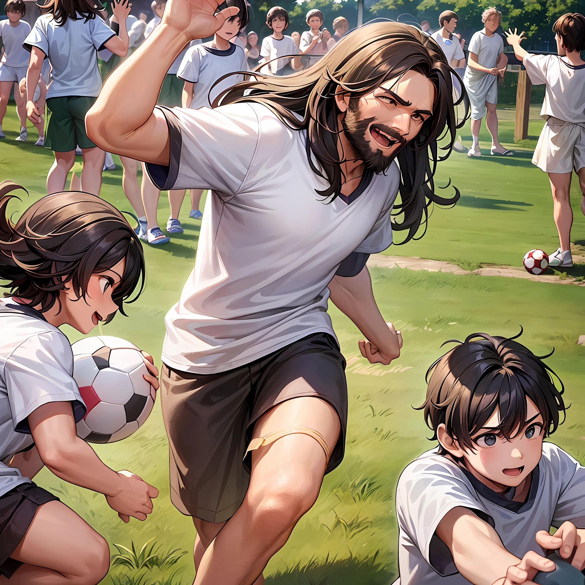 Jesus, with a welcoming smile on his face, is involved in a lively game of football with a group of children. He is dressed in a white tunic and sandals, showing his simplicity and humility. His long hair and beard are slightly stirred by the wind as he runs lightly and gracefully through the countryside. His presence conveys serenity and kindness, and his caring gaze turns to children as he encourages and guides them. Jesus kicks the ball with skill and precision, demonstrating sporting prowess. The joy overflows from the children, who follow him with enthusiasm, laughing and having fun together. The scene radiates an atmosphere of love, compassion and camaraderie, highlighting the importance of sharing moments of joy and togetherness.