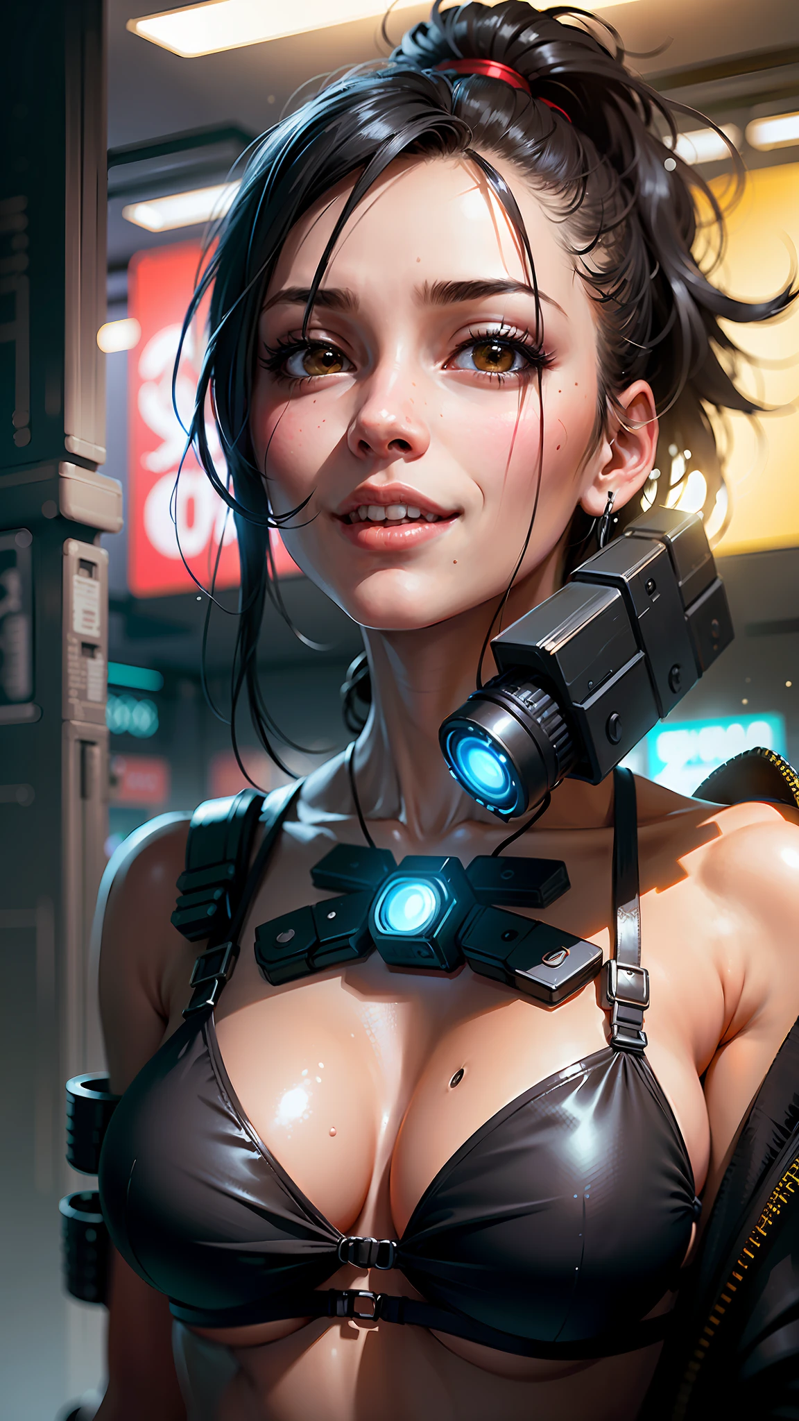 ((realistic face, happy, young look)), (black bikini top, black underwear, short clothes), (big breasts), (black long hair with cyberpunk enhancements), (20 years), (1 girl), (4k style))