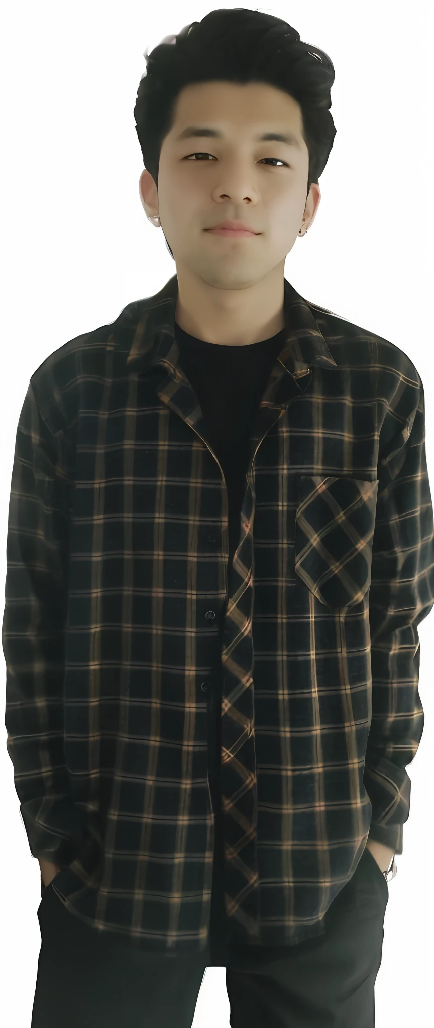 arafed man in a plaid shirt and black pants standing in front of a white background, flannel, wearing a flannel shirt, lumberjack flannel, wearing plaid shirt, plaid shirt, wearing a plaid shirt, grunge aesthetic, tartan garment, aesthetic, long shirt, faded, brown shirt, 4 0 9 6, aesthetic!!, aesthetic shot, aesthetic!!!!, grunge aesthetic!!!