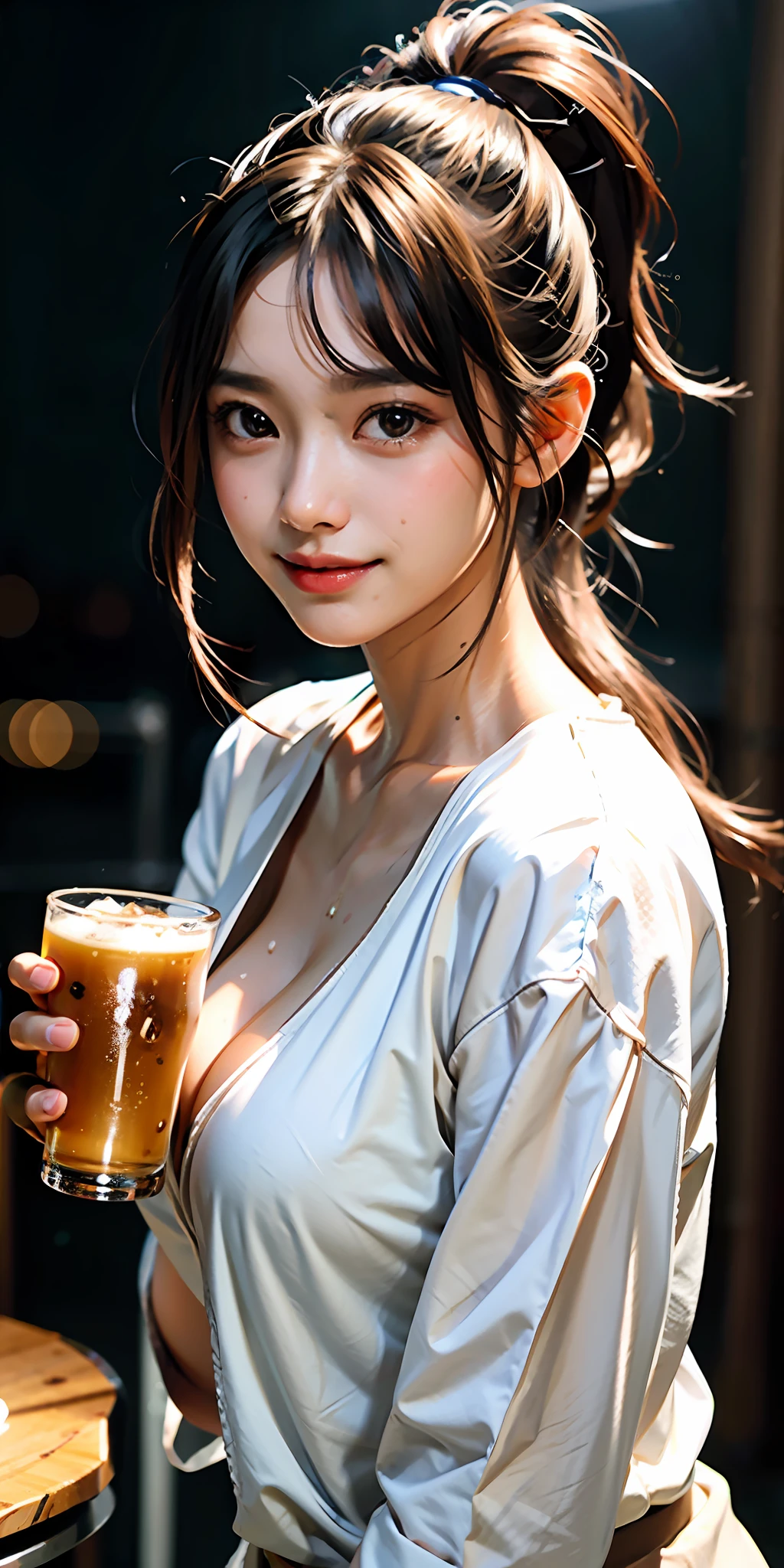 8k uhd,RAW photo, A cute Japanese woman drinking beer in a club and having fun, smile,white shirt, modest breasts, brown skin, cute, long eyelashes, slim, delicate, skinny, brown eyes, ponytail, realistic, live action, shot with slr, shiny skin, 8k, sweat, summer, fluffy shirt, realistic skin, Big eyes, looking here, cleavage, double, top quality, detailed eyes, cinematic lighting, sweat-soaked skin,