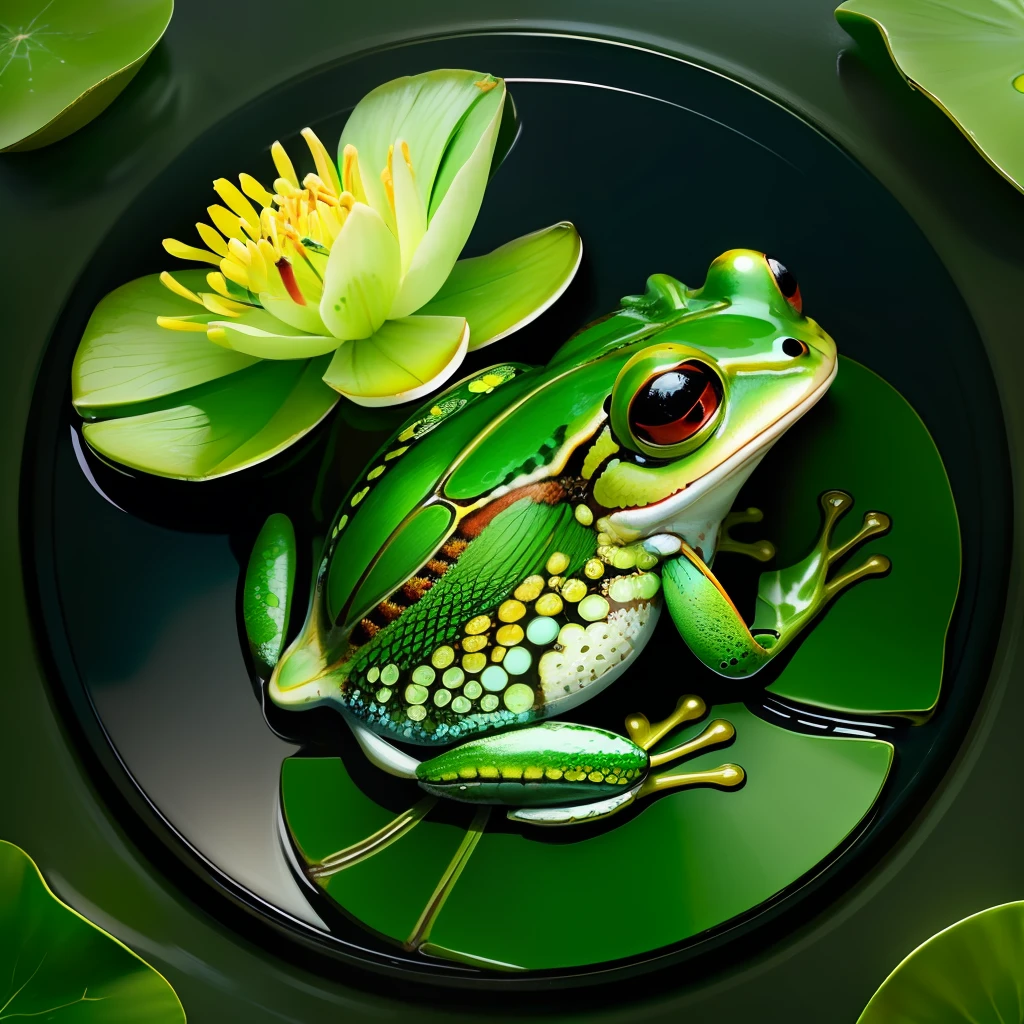 frog, dragonfly, lily pad, flower+isolated inside circle, front view+realistic +4K-