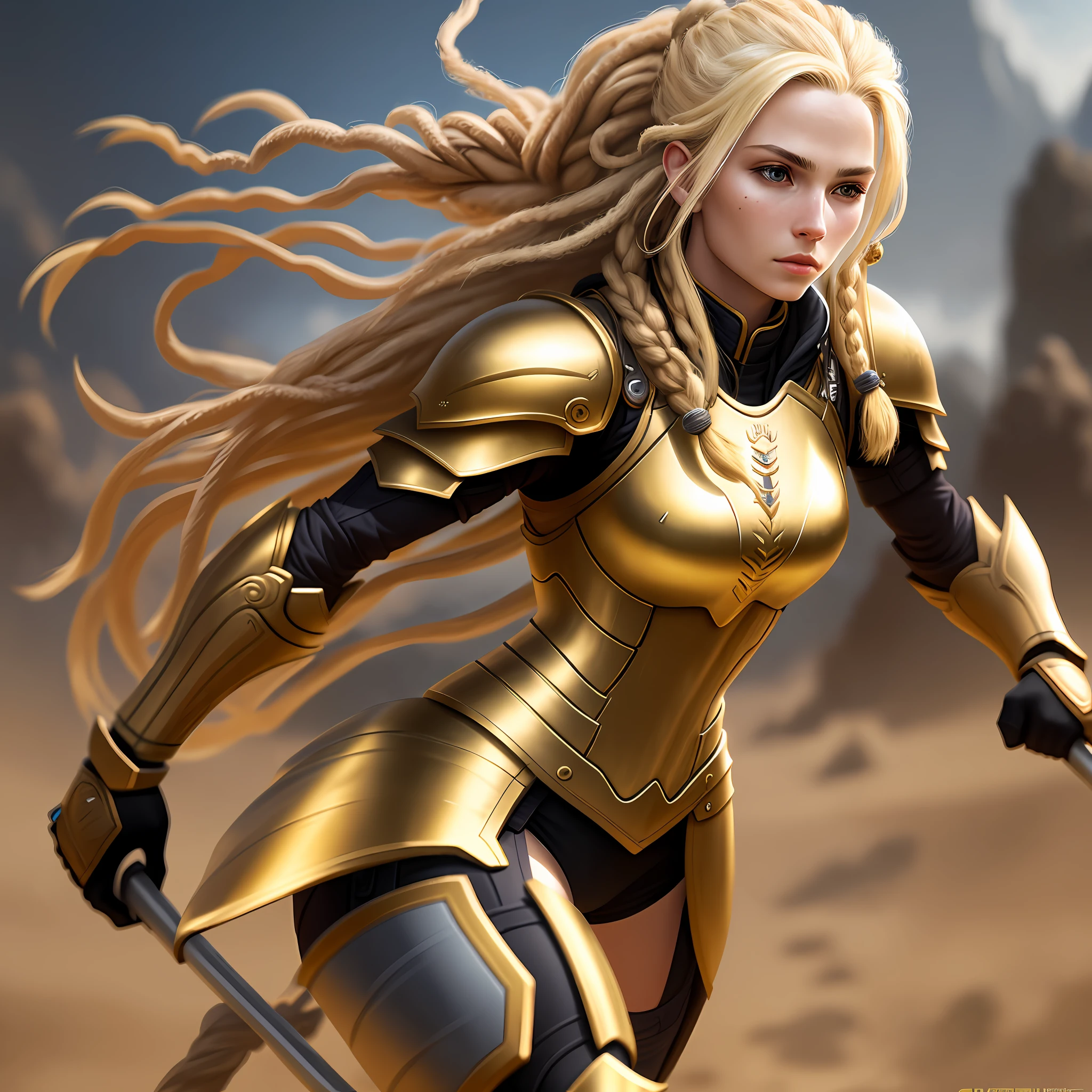 Blonde woman, warrior, dreadlocks, golden armor, athletic, realistic, 4K