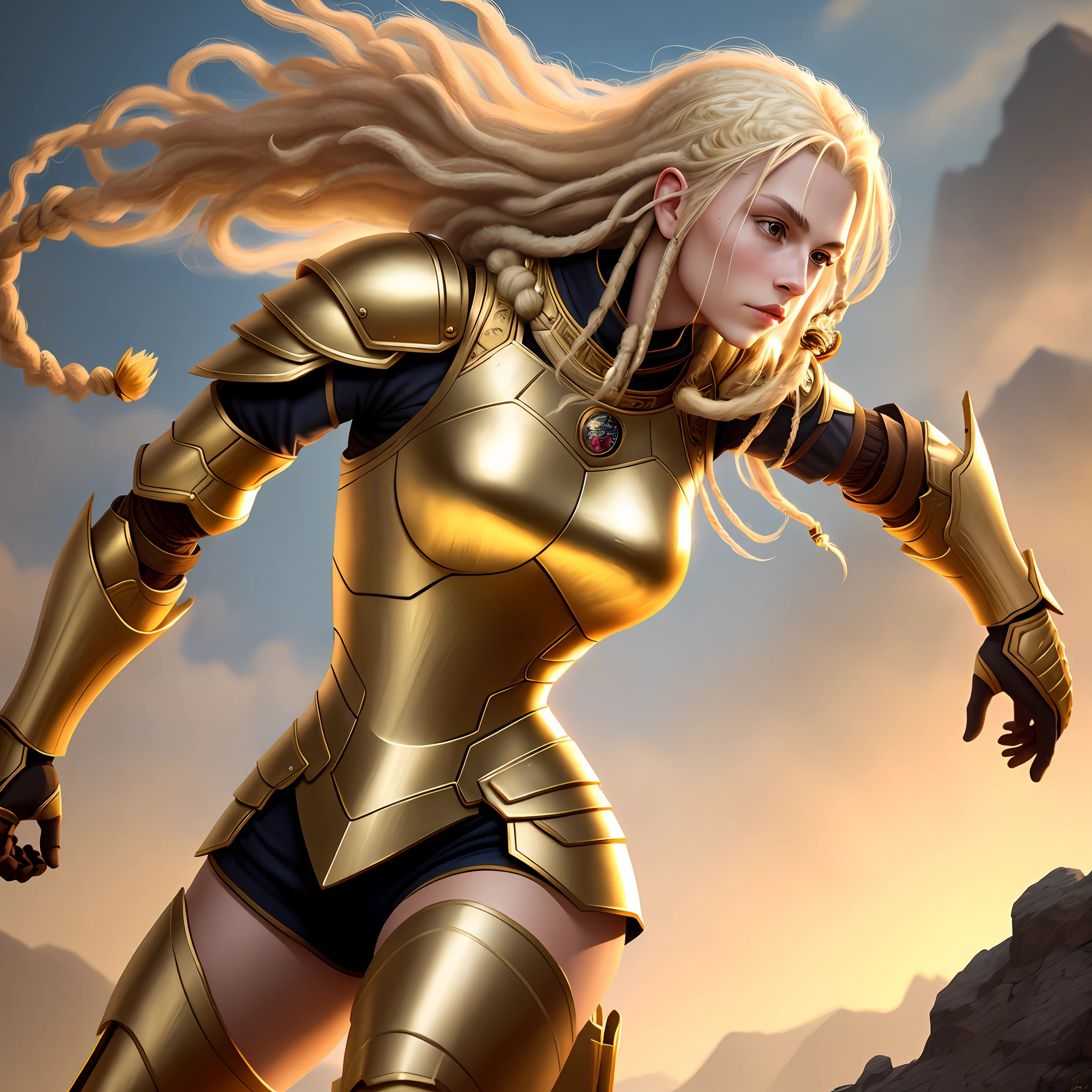Blonde woman, warrior, dreadlocks, golden armor, athletic, realistic, 4K