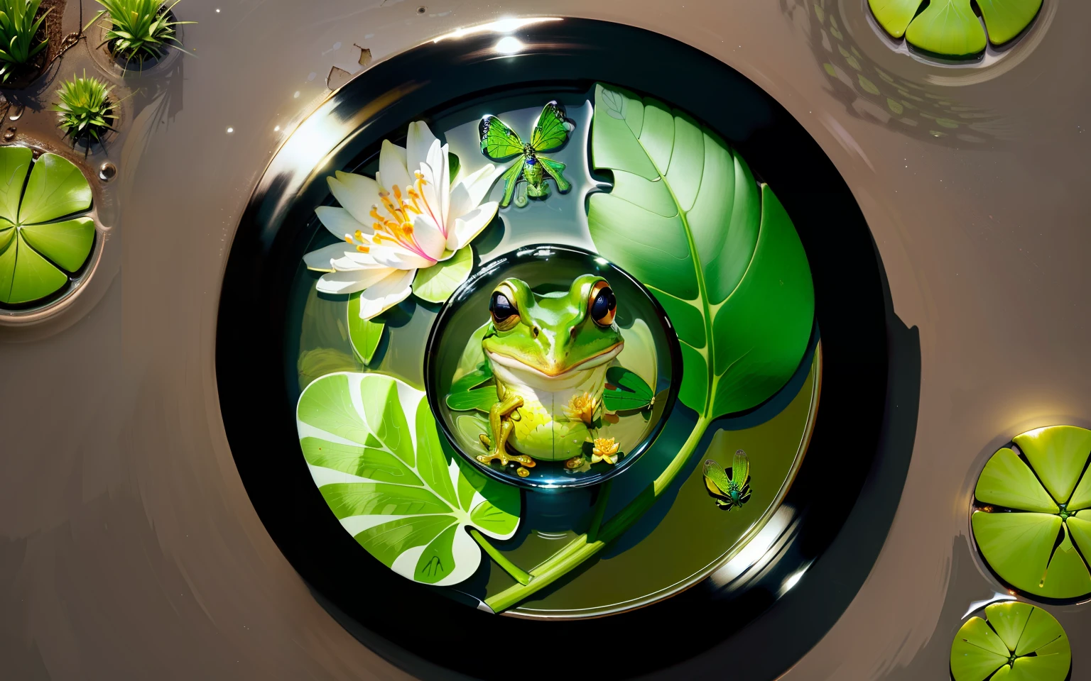 frog, dragonfly, lily pad, flower+isolated inside circle, front view+realistic +4K-
