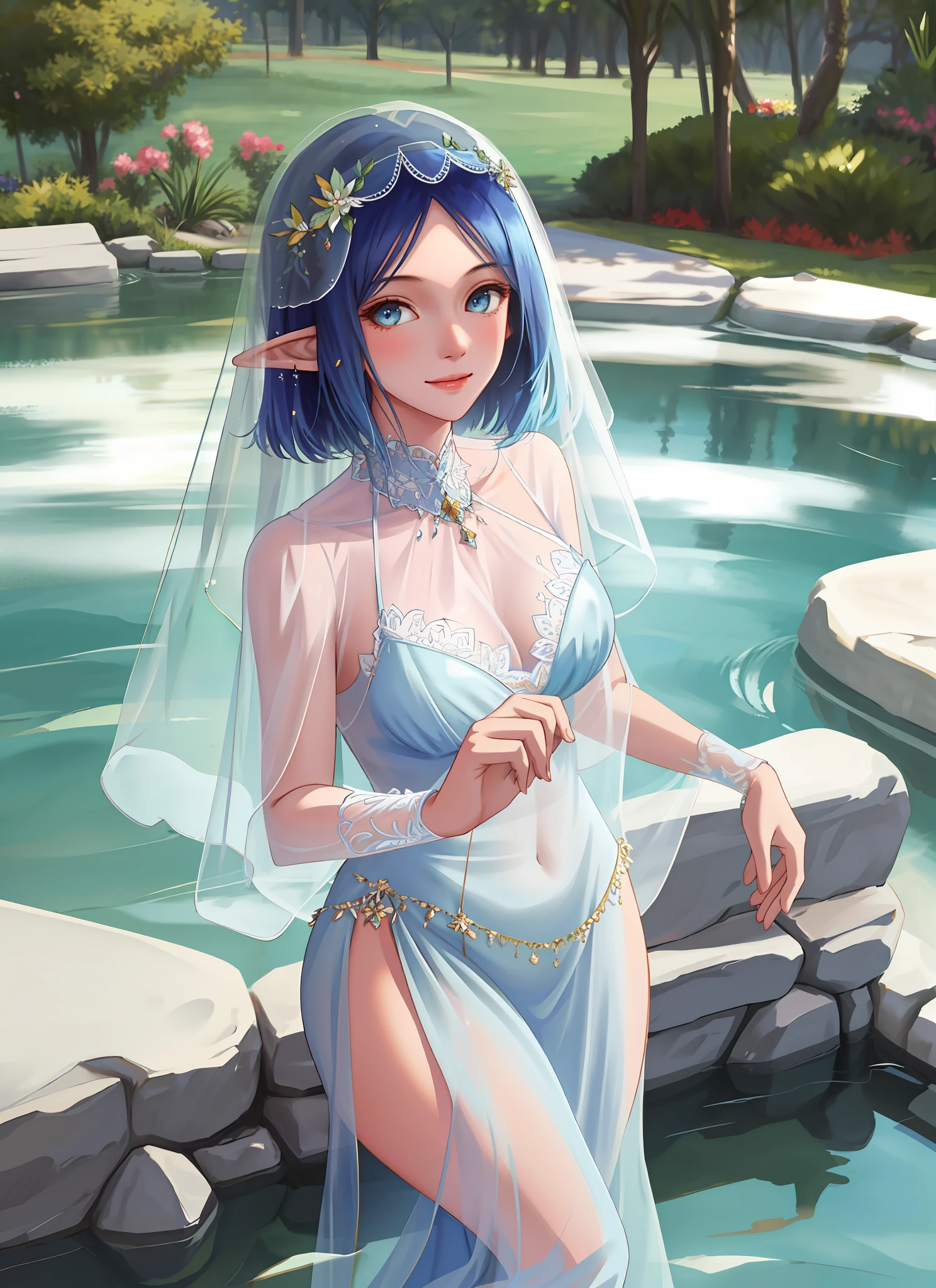 1girl,harem outfit,(face veil),portrait,detailed face,masterpiece, high quality,light particle,sunlight, looking at viewer,(masterpiece:1.2),(best quality:1.2),realistic,detailed background,nsfw,smile,see-through, honey,water,no clothes,flower,elf,veil,nsfw, veil over mouth, smiling, blue hair,nothing clothes, not wearing clothes, no clothes, detailed skin, large breasts, thighs, NSFW, no underwear, curvy