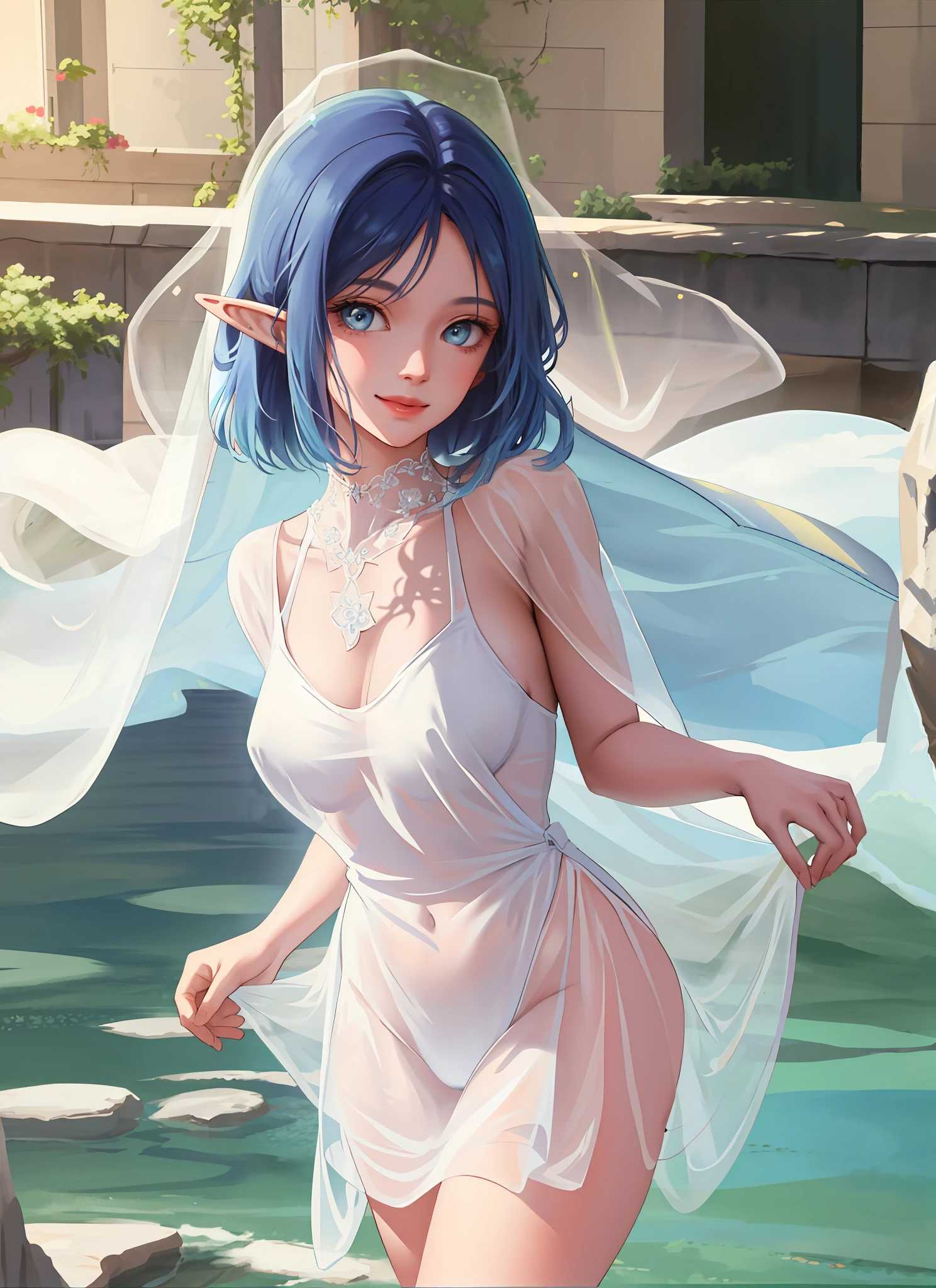 1woman,portrait,detailed face,masterpiece, high quality,light particle,sunlight, looking at viewer,(masterpiece:1.2),(best quality:1.2),realistic,detailed background,nsfw,smile,see-through, honey,water,no clothes,flower,elf,veil,nsfw, veil over mouth, smiling, blue hair,nothing clothes, not wearing clothes, no clothes, detailed skin, large breasts, thighs,((( NSFW))), no underwear, curvy