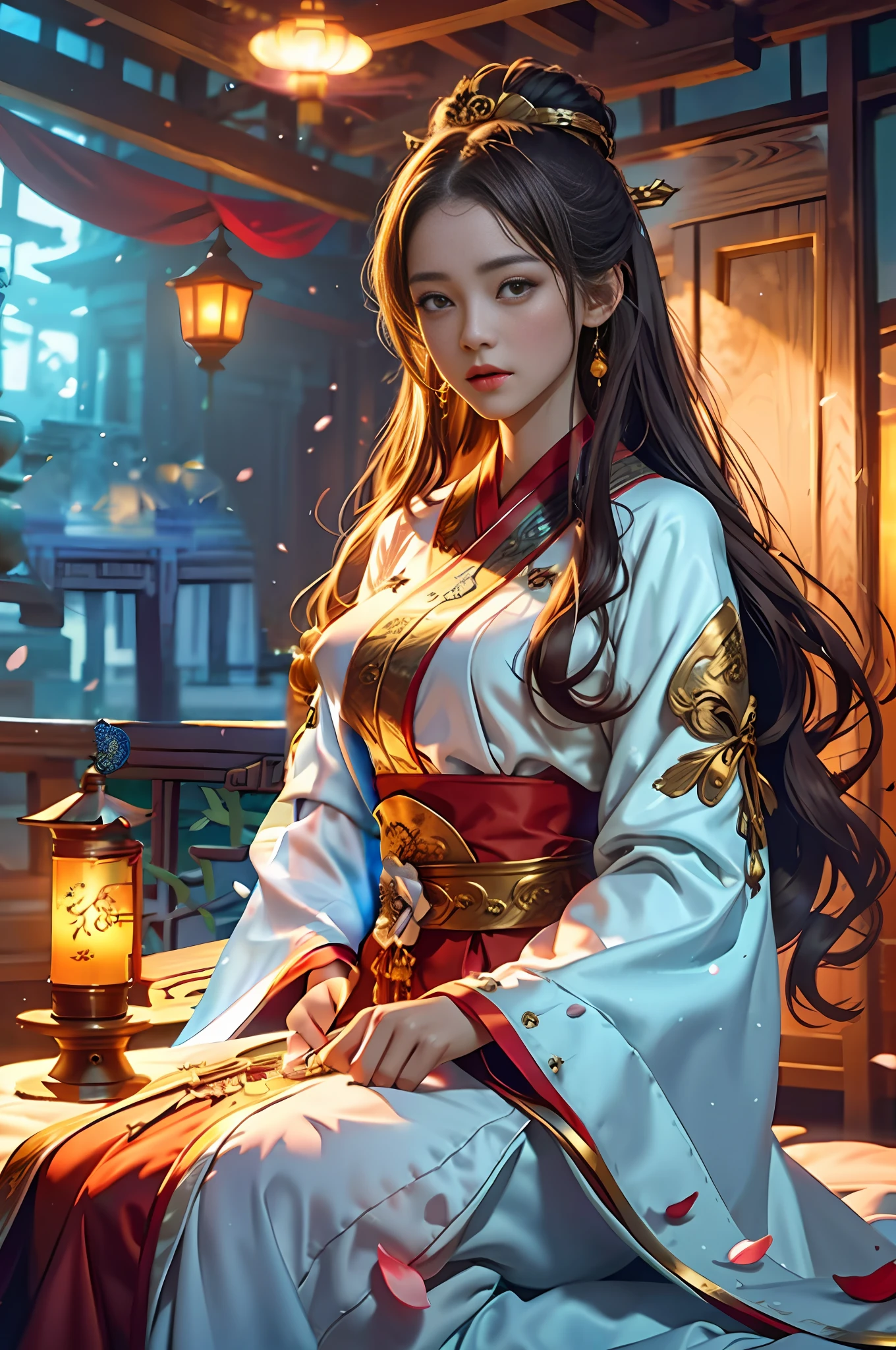 arafed woman in a traditional chinese dress sitting on a bench, palace , a girl in hanfu, beautiful character painting, by Yang J, trending on cgstation, artwork in the style of guweiz, alice x. zhang, flowing hair and long robes, a beautiful fantasy empress, fanart best artstation, chinese costume, chengwei pan on artstation